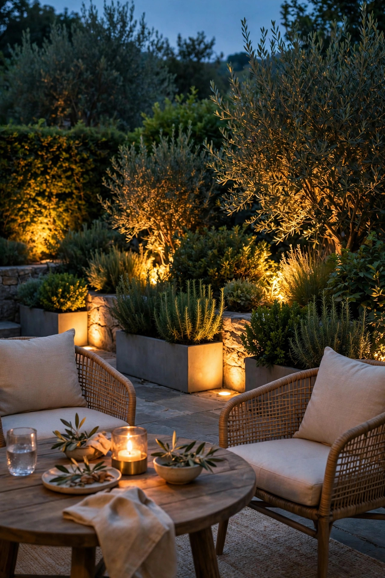 Warm uplights glowing into shrubs and planters behind a romantic patio seating area