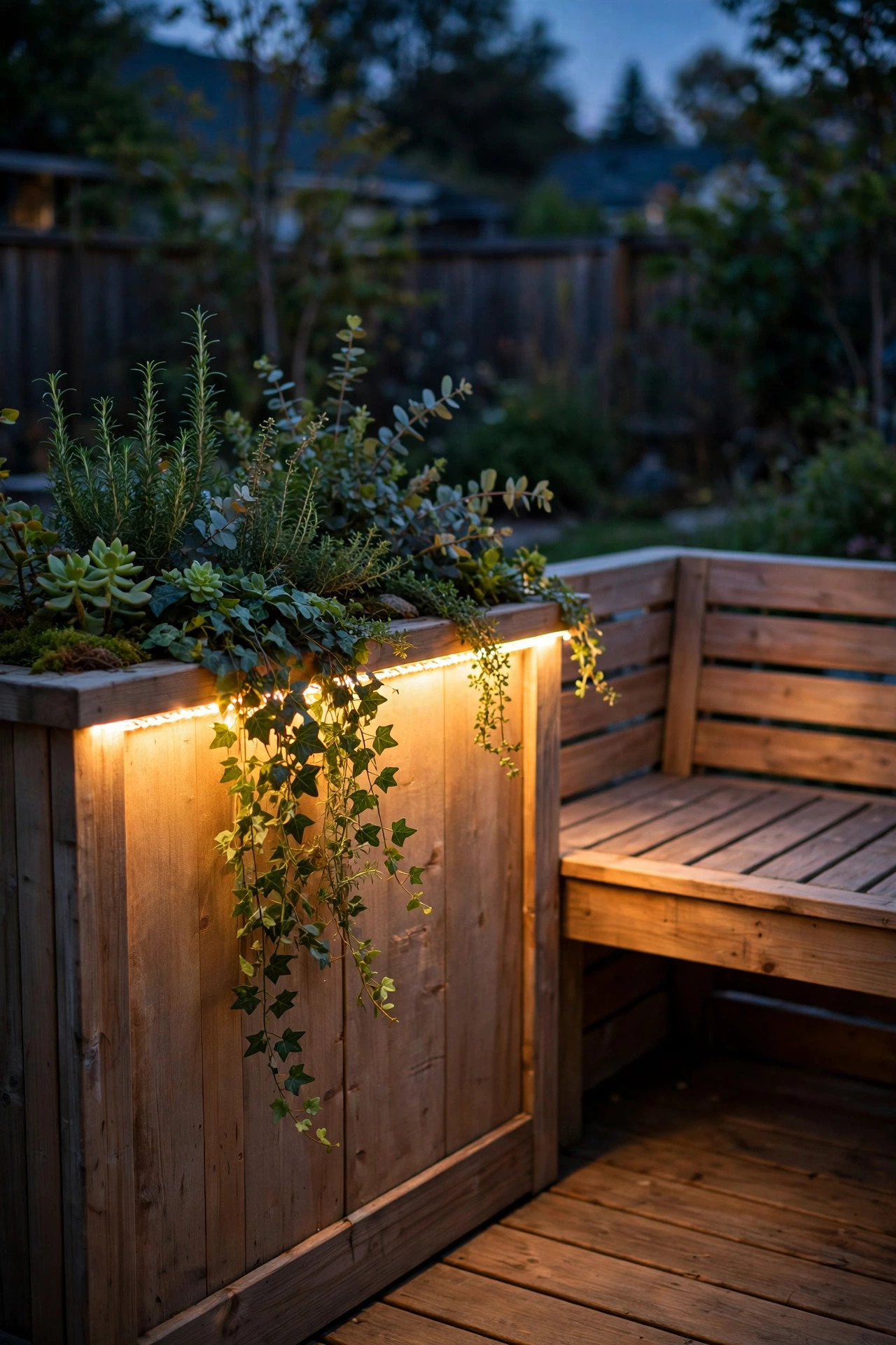 Built-in planter box beside a deck bench with warm rope light glowing beneath its top rim and washing down the planter face