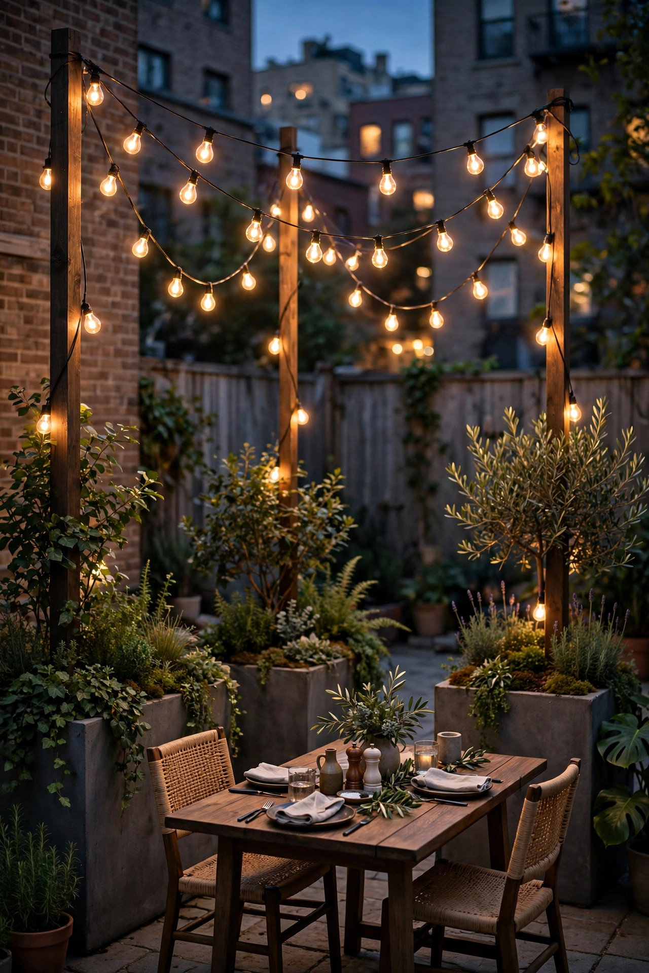 String lights swagged between poles set in large planters over a dining corner in a city backyard at dusk