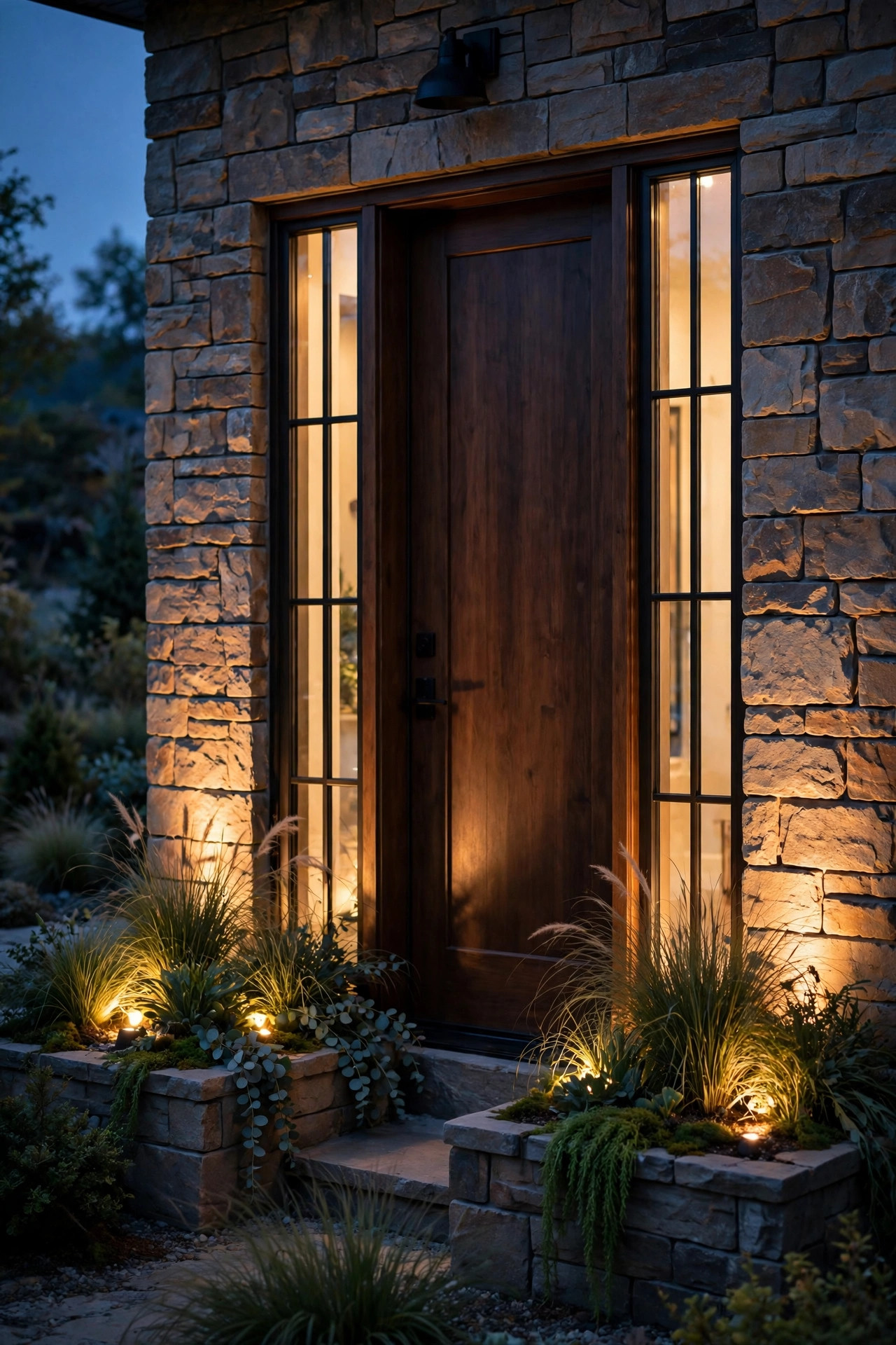 Uplights glowing through tall grasses and planters beside a rooftop pergola at night
