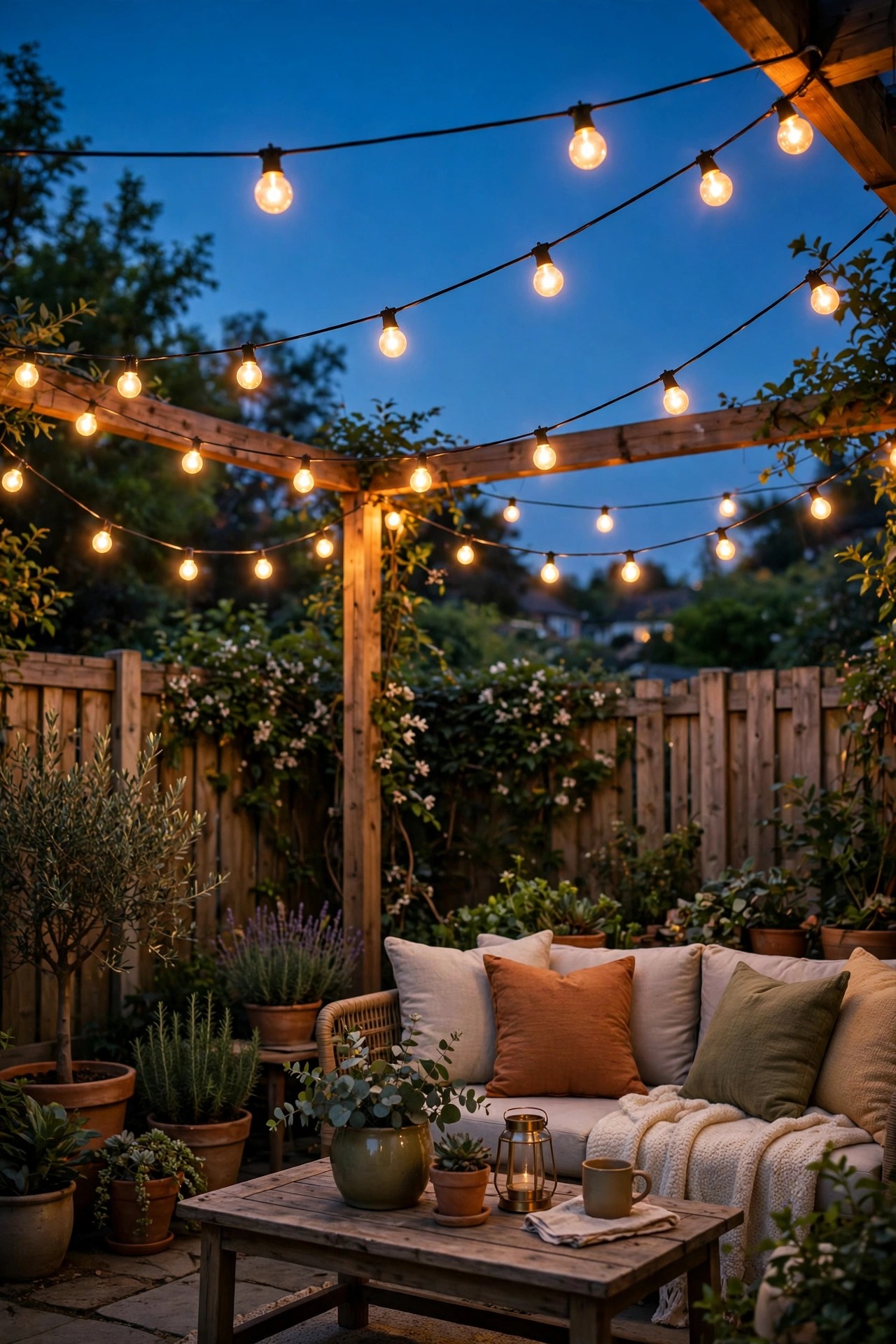 Plug-in LED string lights strung across a backyard patio with warm glowing bulbs