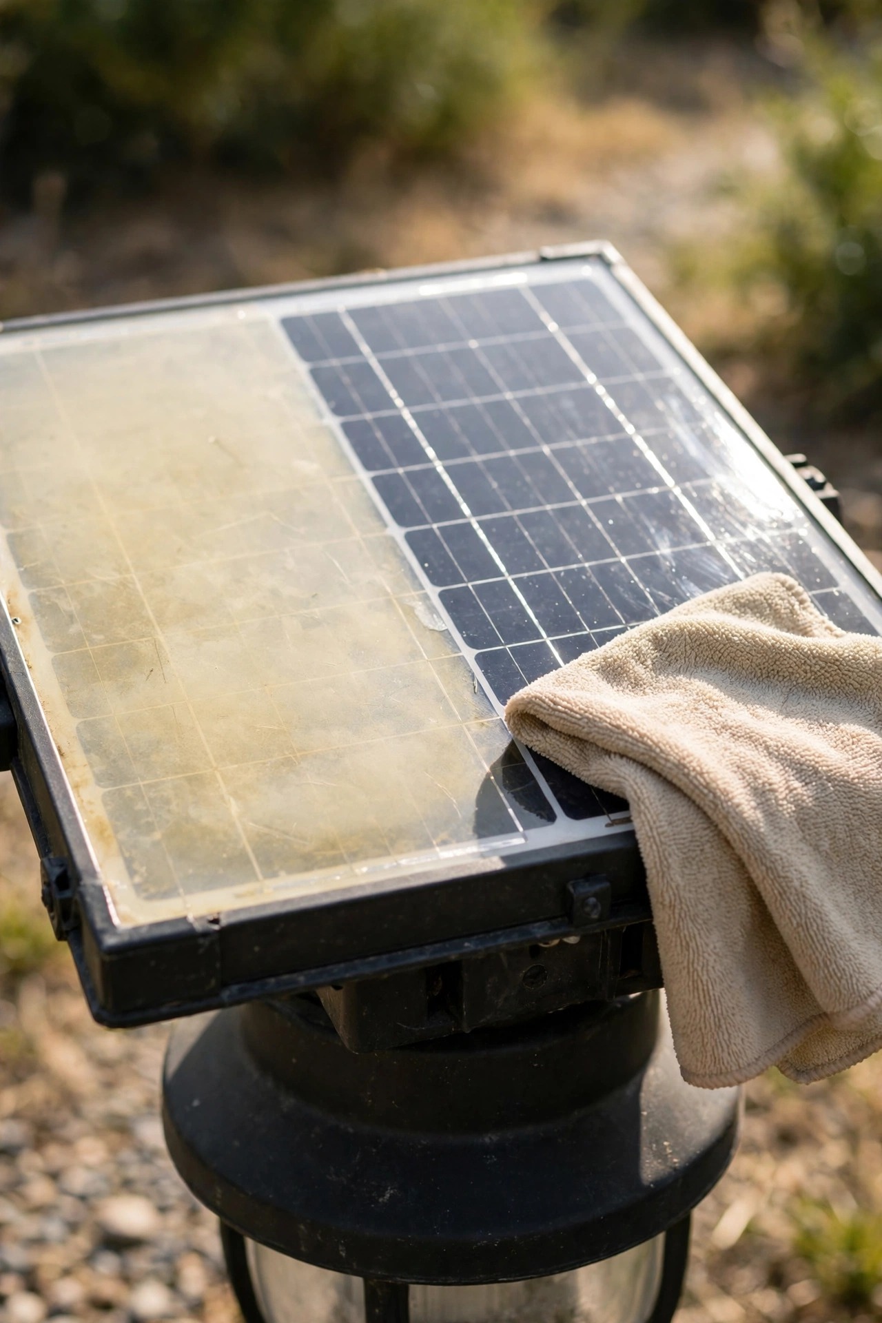 A yellowed cloudy solar panel being polished with a soft cloth and fine plastic polish until it turns clear again