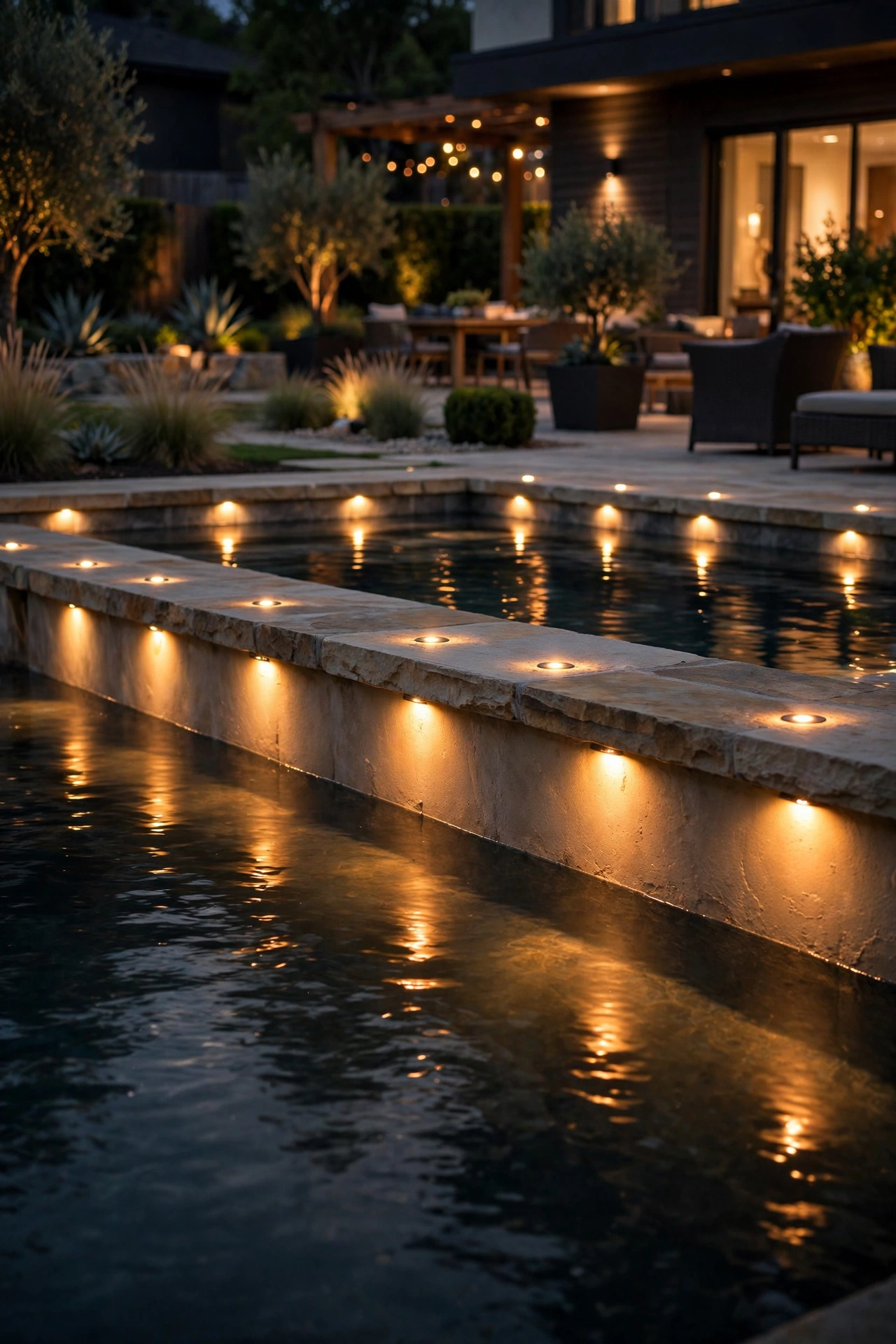 Recessed LED paver lights in pool coping glowing over the water at night