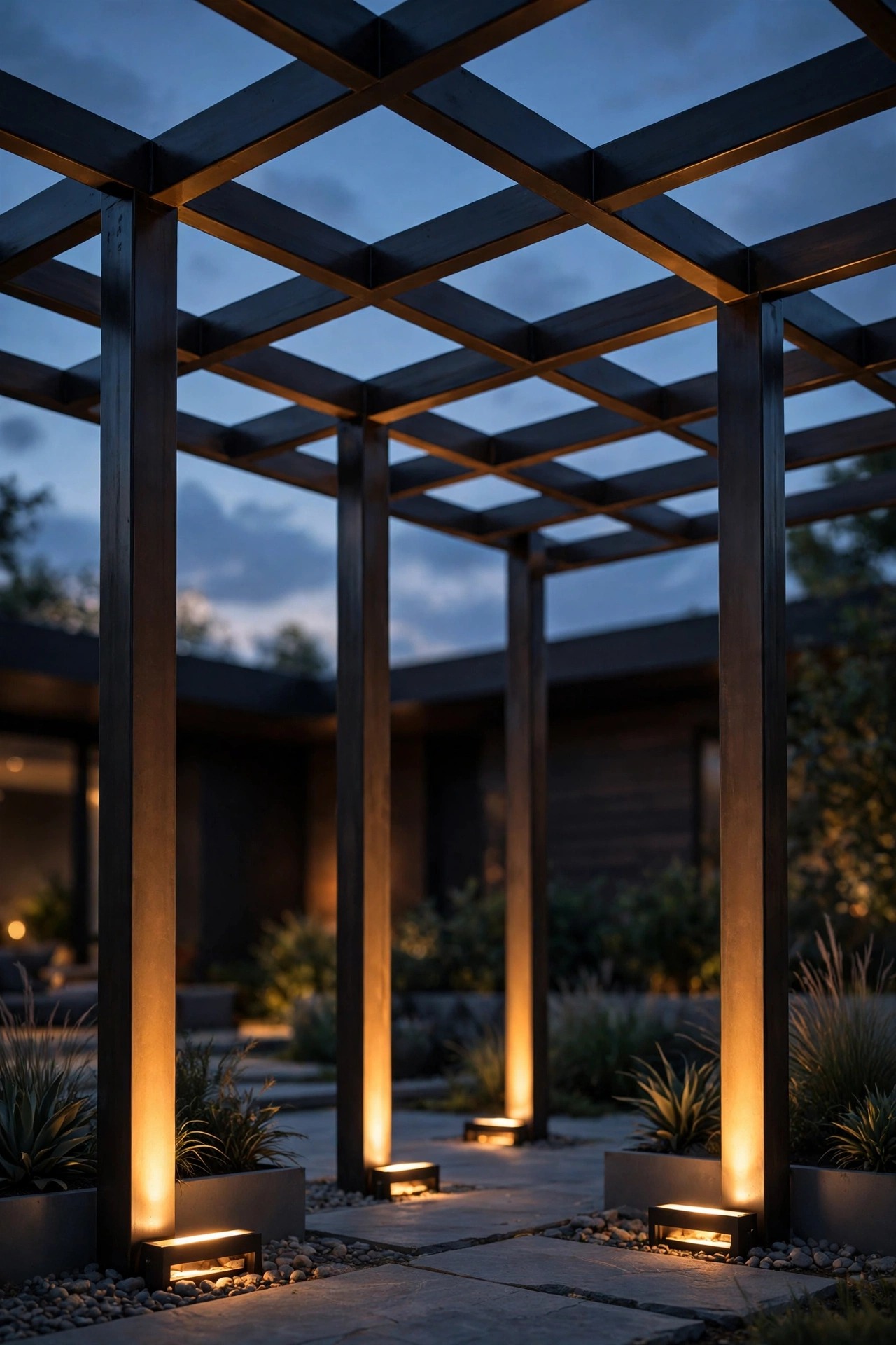 Narrow-beam uplights at the base of each post washing a modern metal pergola frame in warm light from below