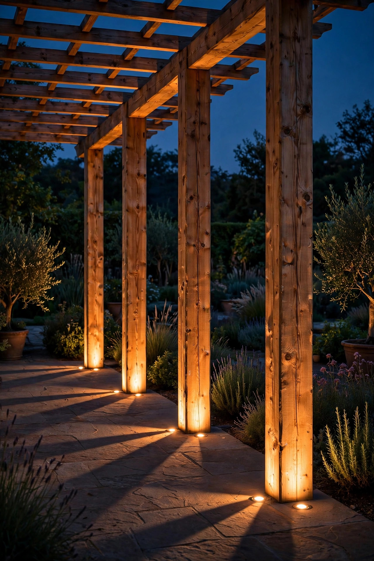 Ground uplights at the base of each pergola post washing warm light up the wood and casting long shadows at night