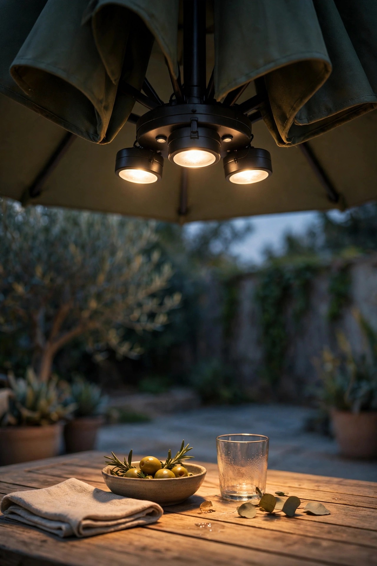 Small round battery puck lights mounted under a patio umbrella hub casting a clean hidden glow on the table below