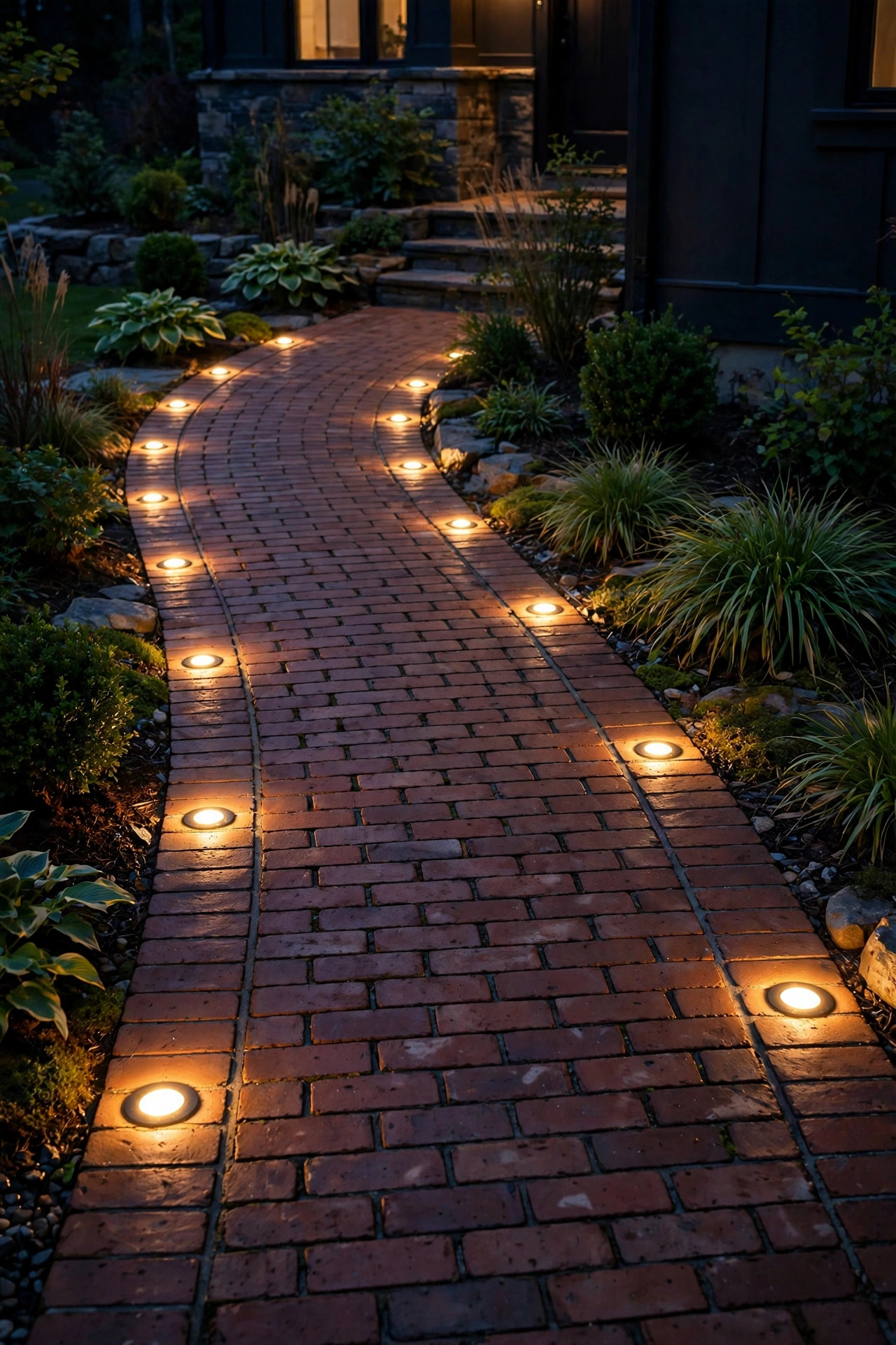 Small round recessed lights glowing in the border row of a brick walkway at night