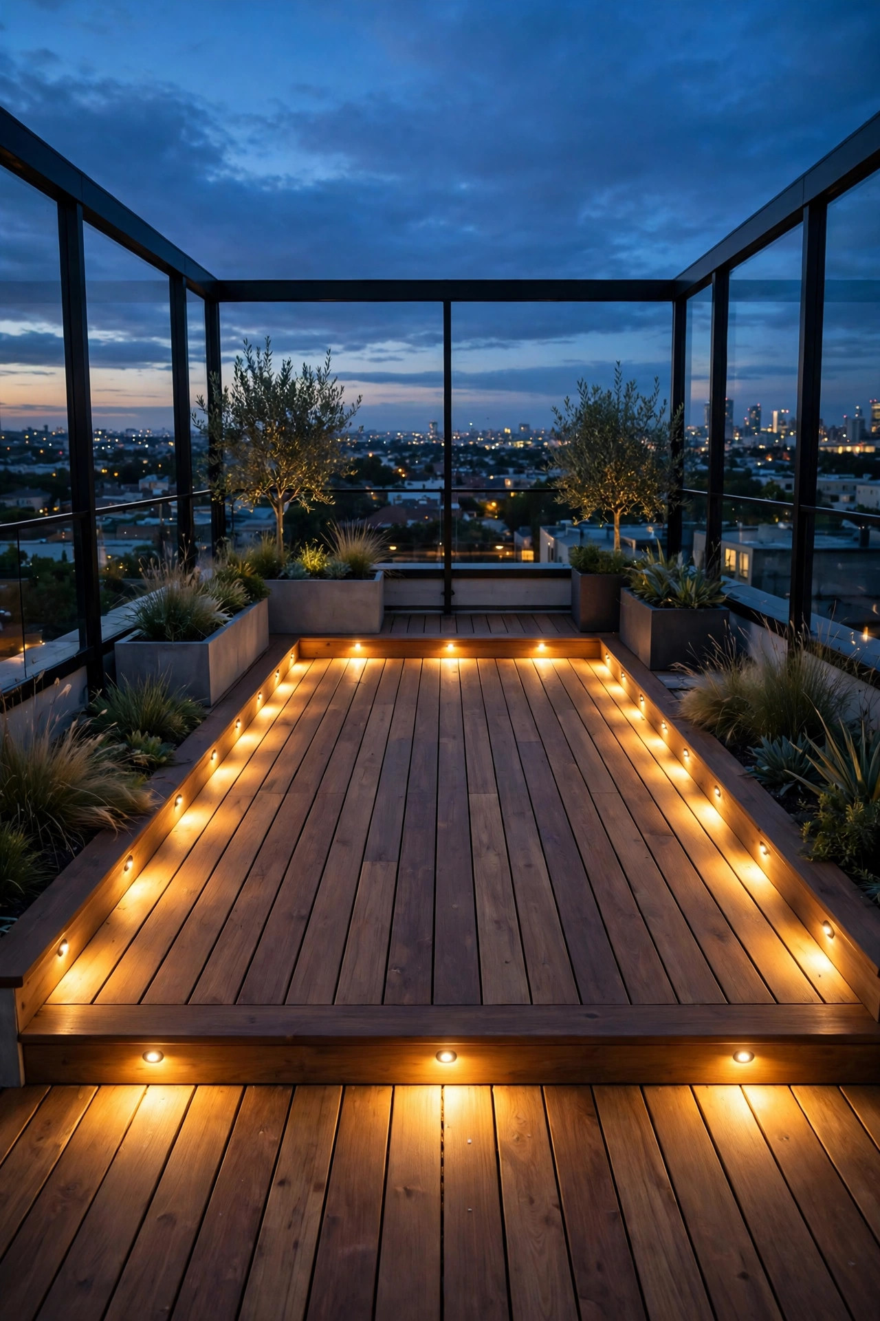 Recessed deck board lights glowing flush around the perimeter of a rooftop deck at dusk