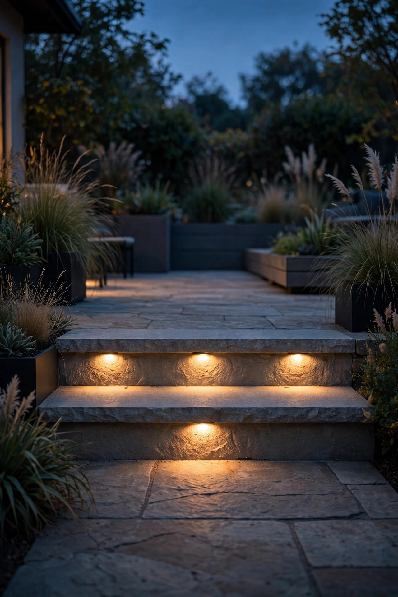 Recessed step lights washing soft warm light across a single step between two levels of a patio at dusk