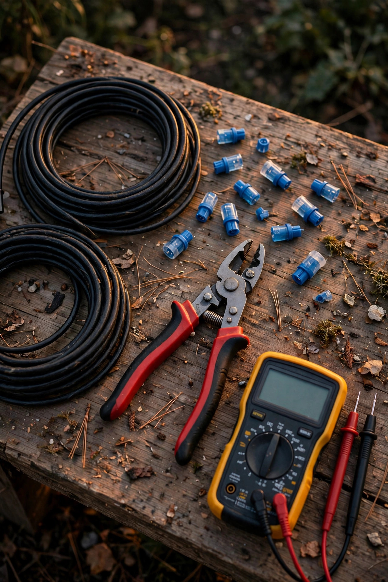 Flat lay of landscape lighting repair supplies on a workbench at dusk including gel-filled connectors, a coil of low-voltage cable, wire strippers and a multimeter