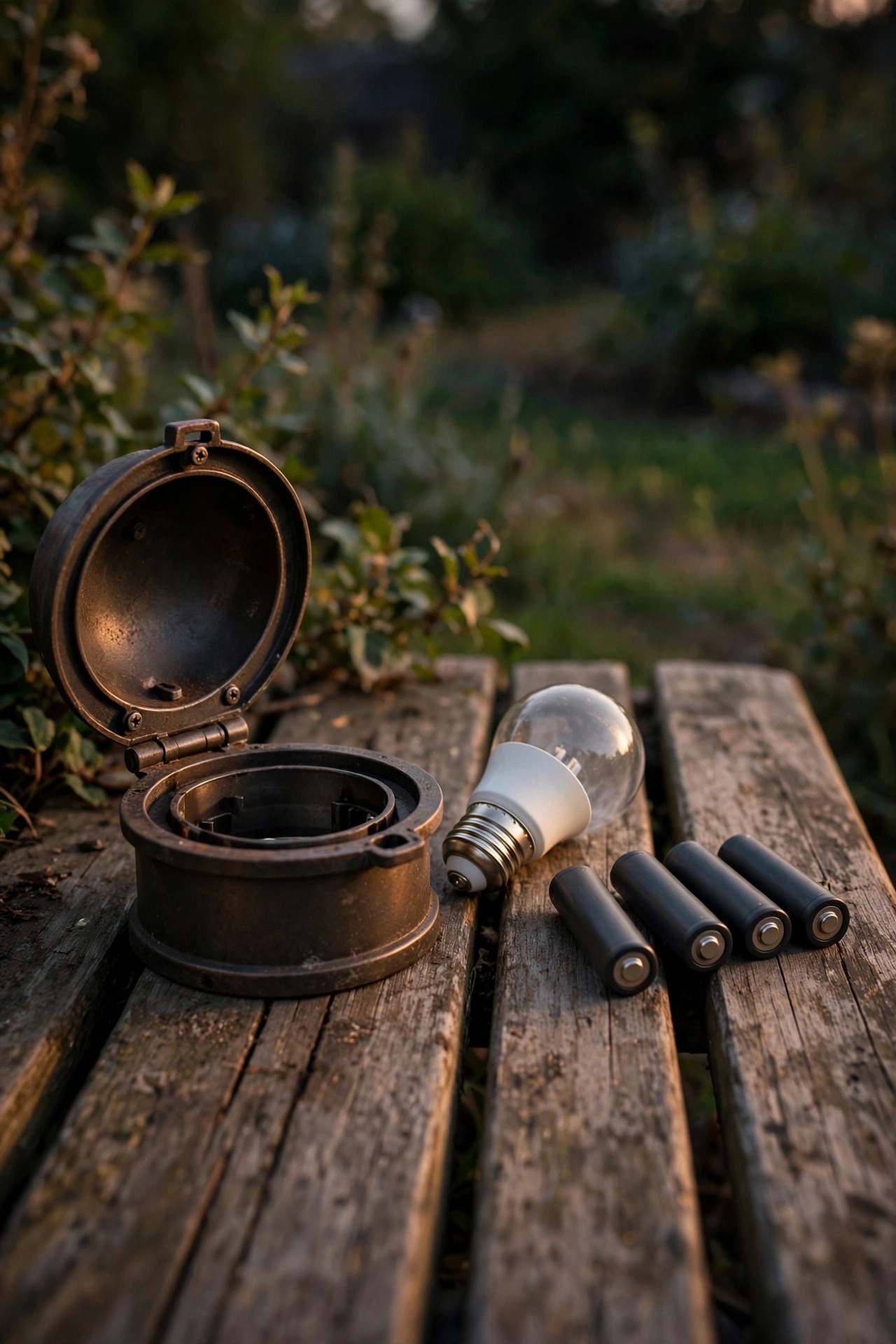 Hands-free dusk still life of an openable path light housing beside a replacement LED bulb and rechargeable batteries on a garden bench