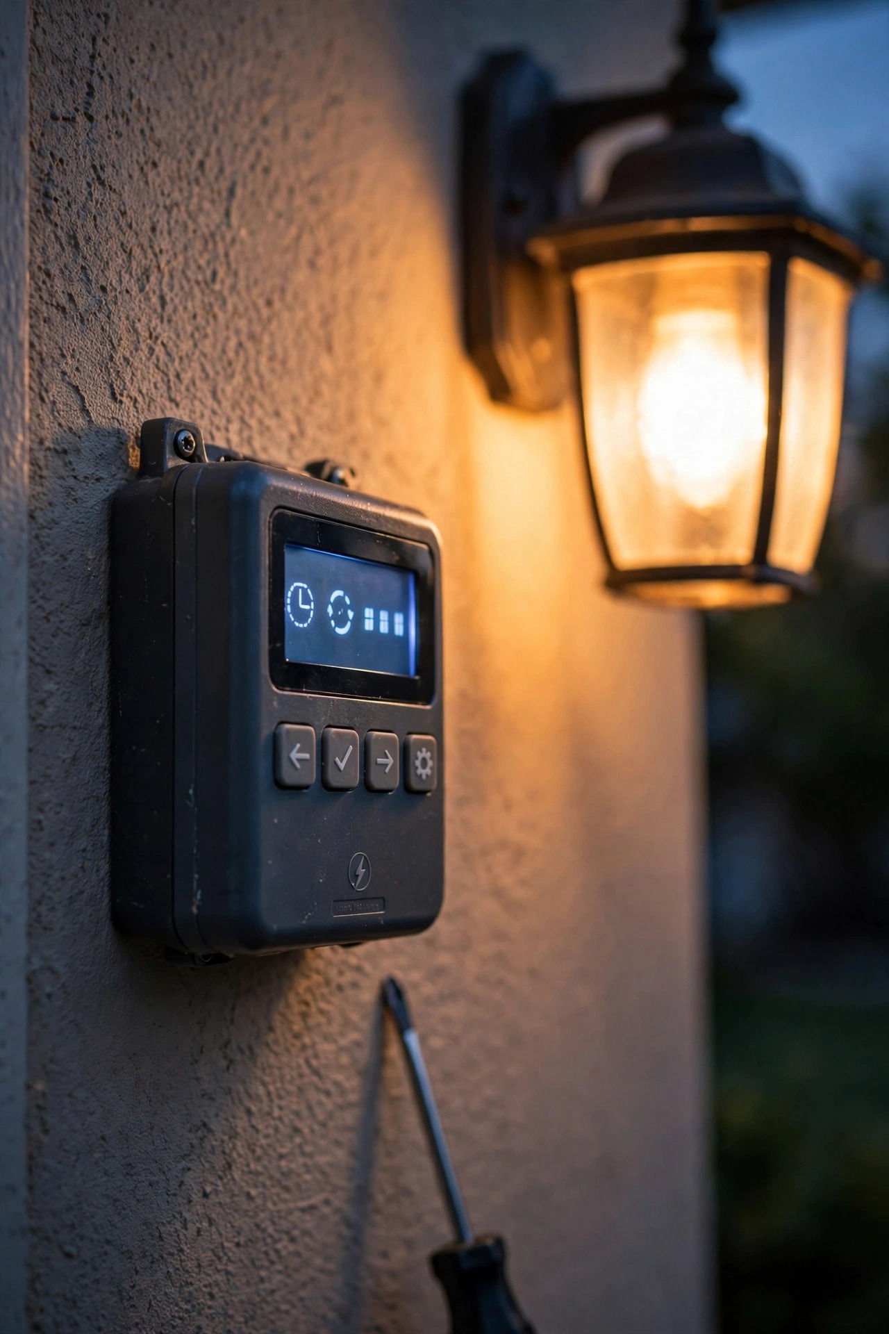 Homeowner reprogramming a digital outdoor lighting timer step by step on a garage wall