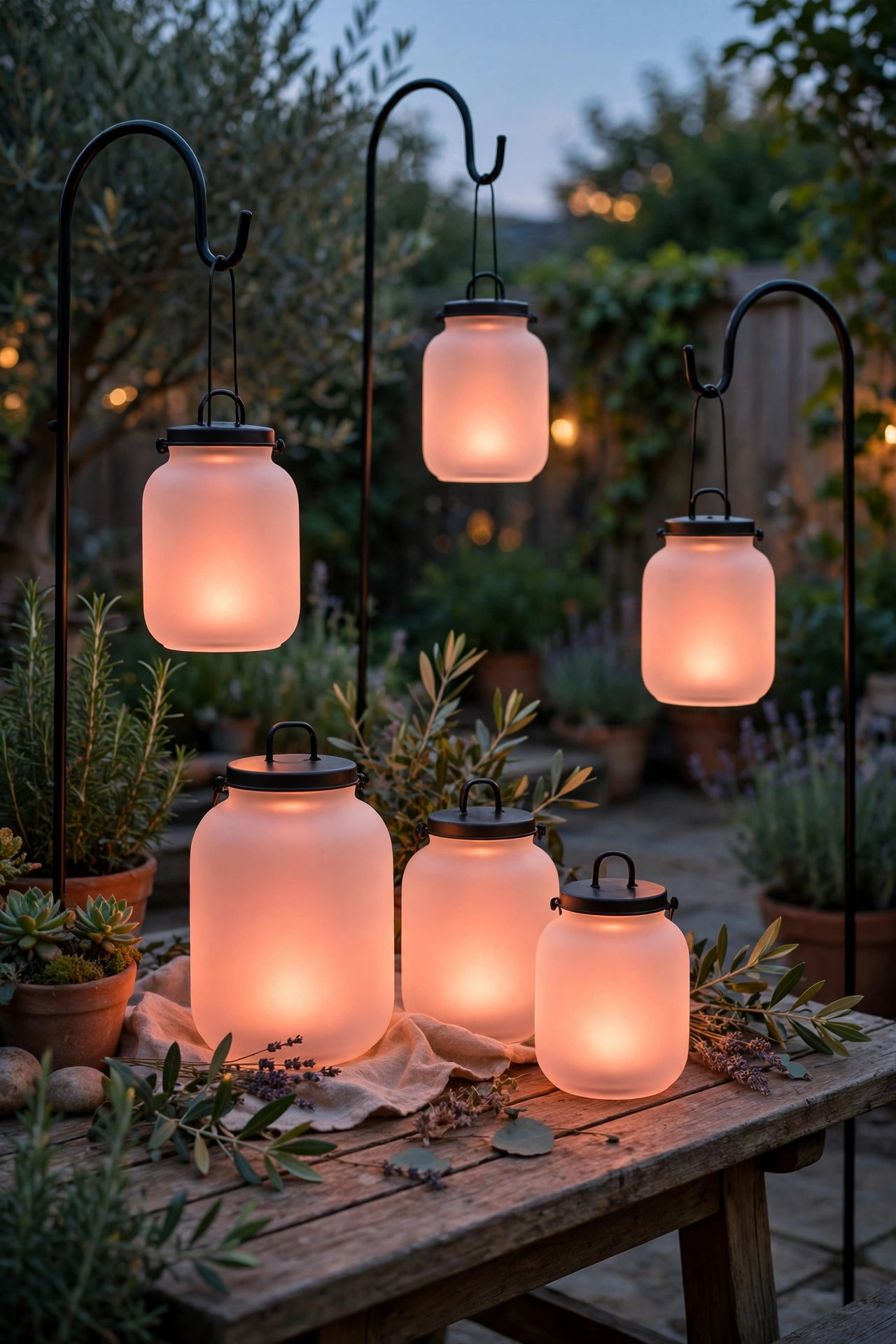 Frosted RGB lanterns glowing in soft coral hanging from shepherd's hooks and grouped on a patio table at dusk