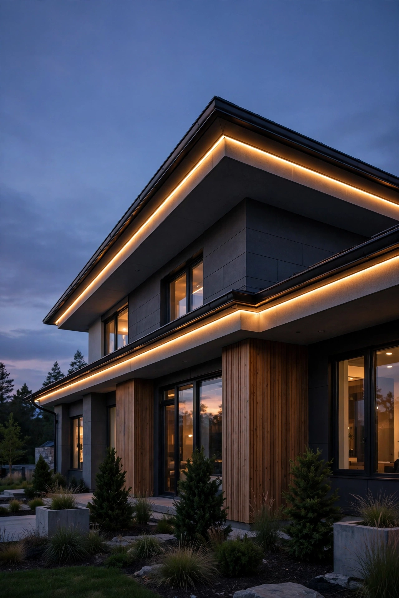 Continuous LED strip tucked under the gutter tracing a modern roofline in warm light