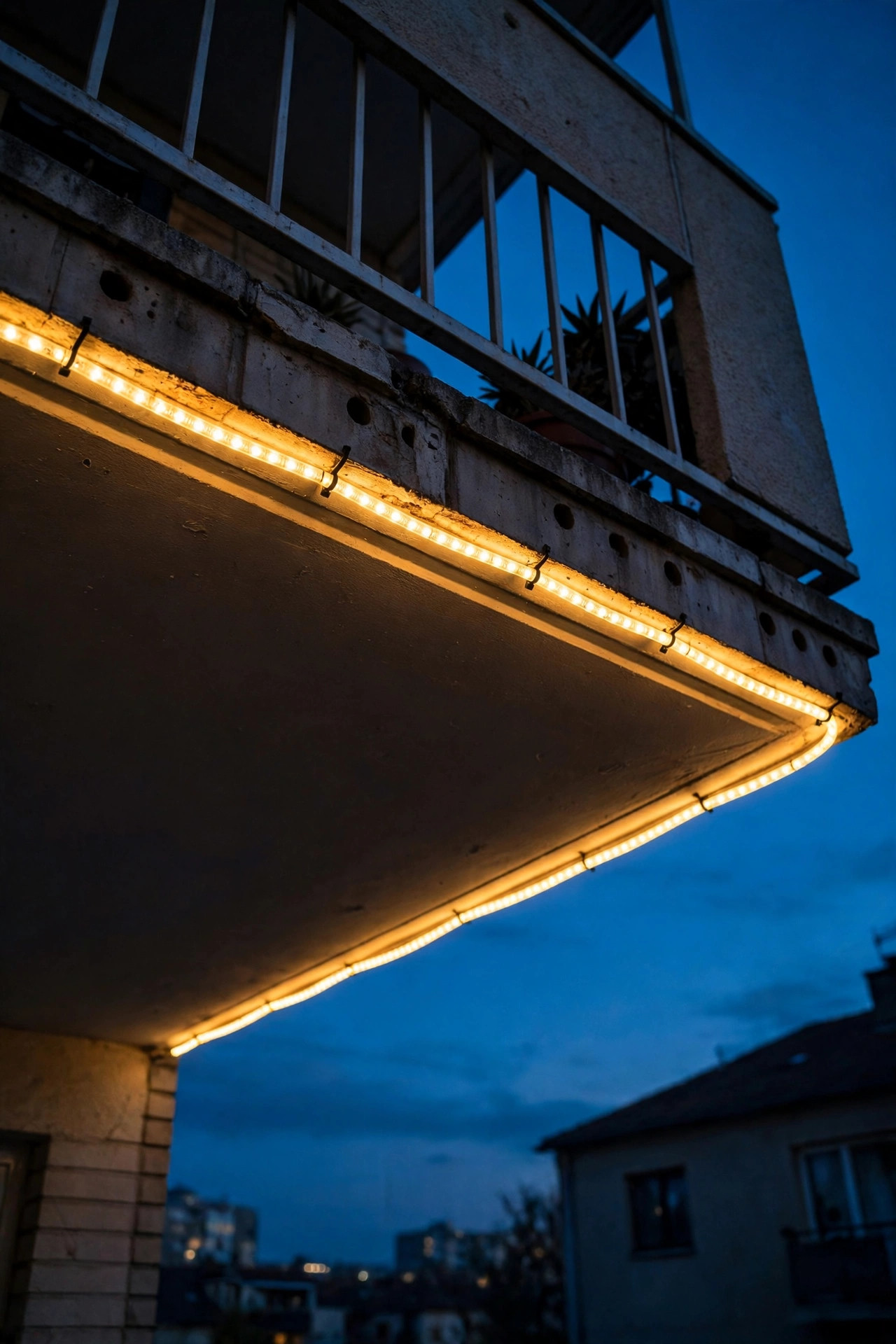 Warm LED rope light zip tied under an apartment balcony top rail at dusk, outlining the balcony with a clean line of light
