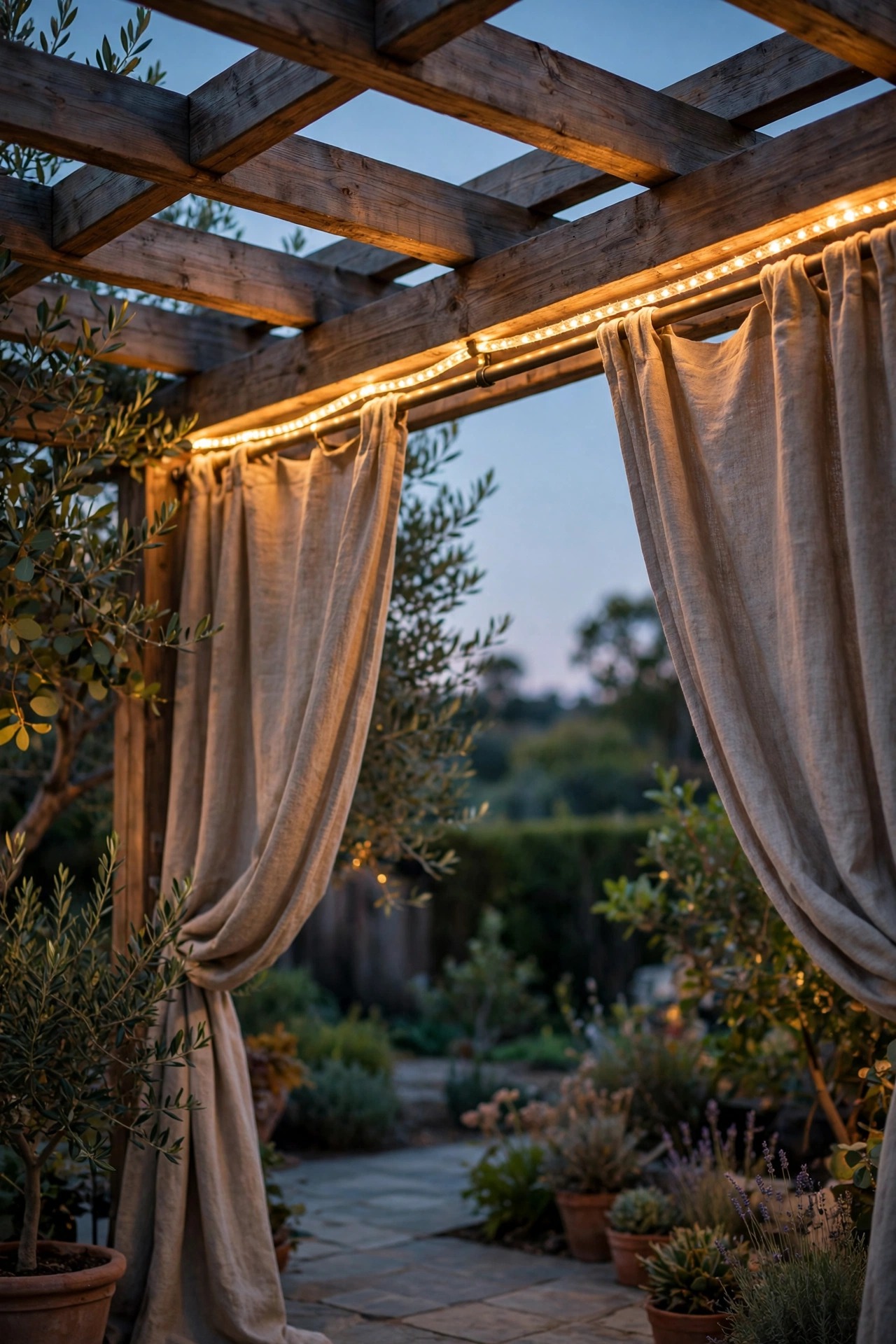 Warm rope light tracing the curtain rod line above pergola drapes