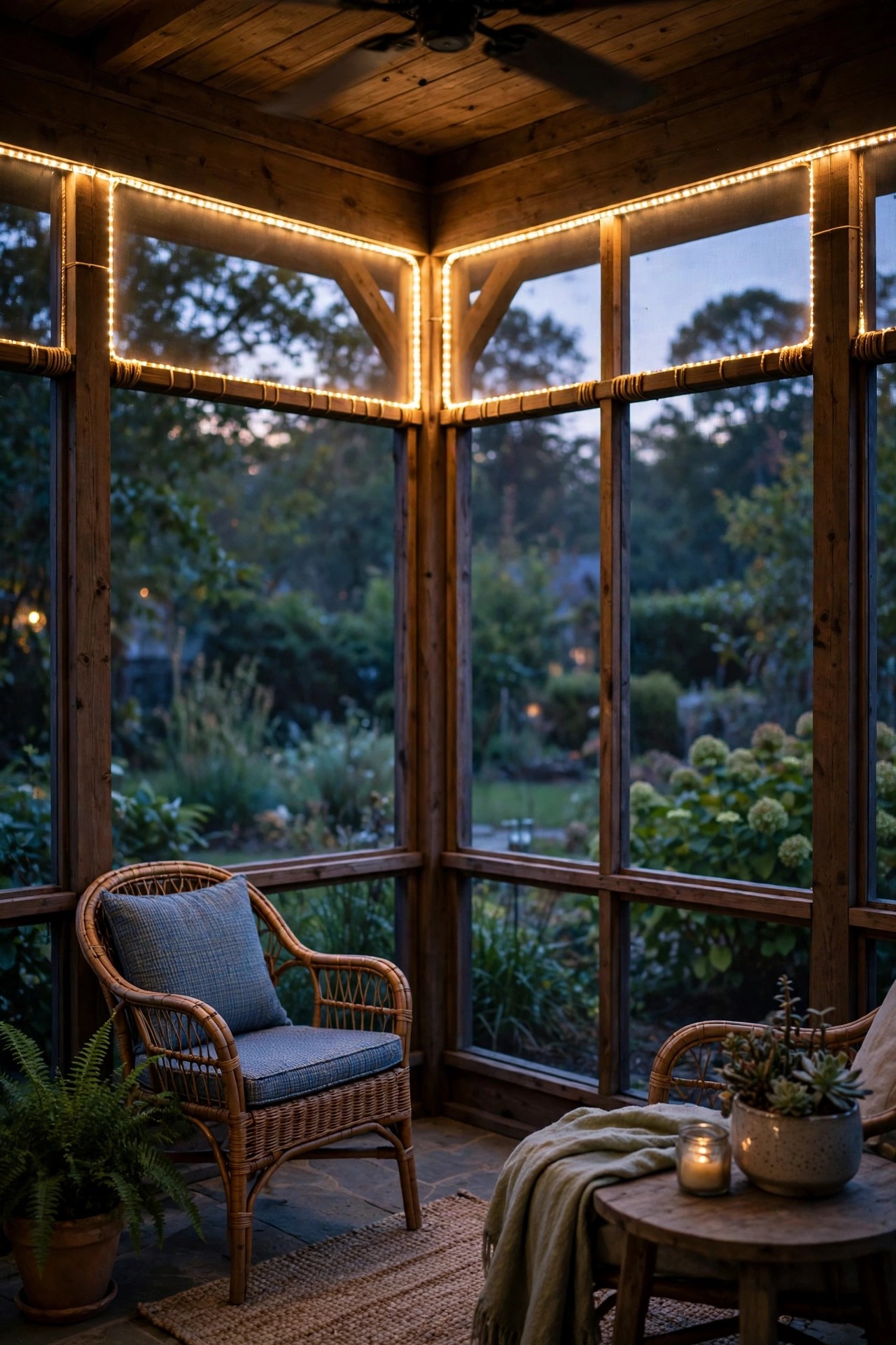 Warm LED rope light tracing the top edge of screen frames inside a screened porch at night