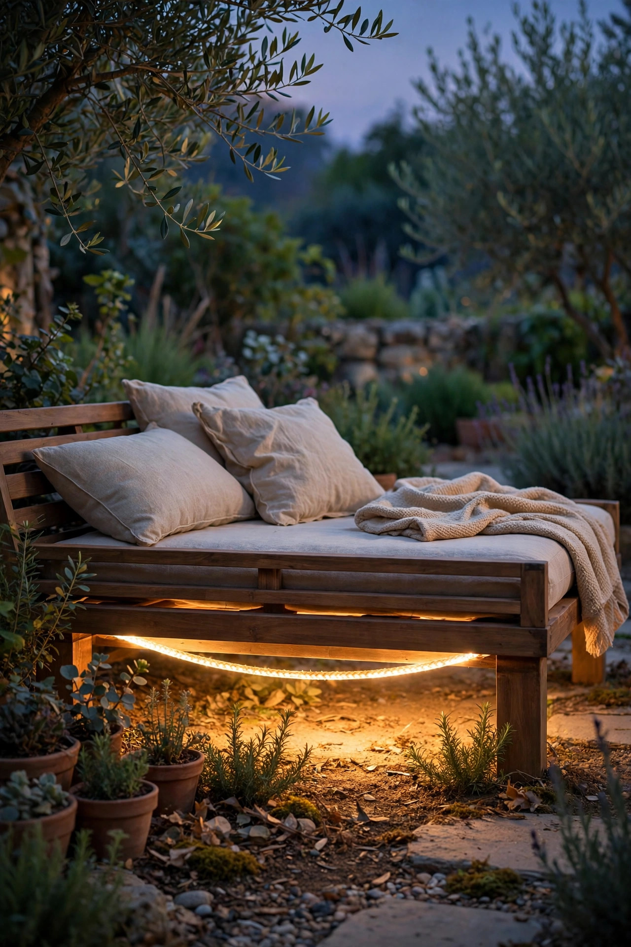 Warm rope light hidden under a garden daybed frame casting a floating glow
