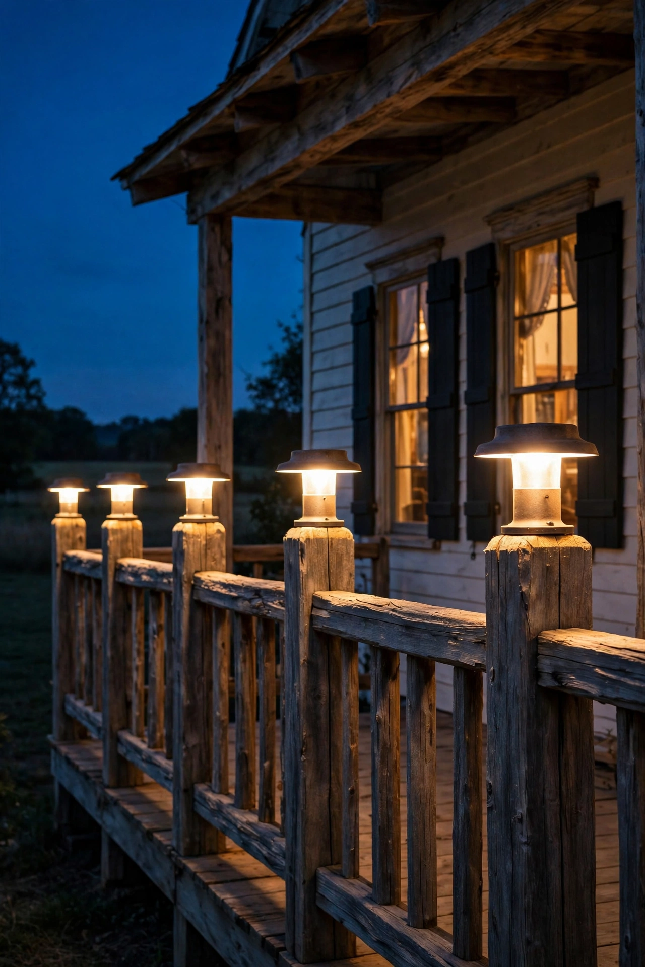 Rustic post cap lights glowing warmly along a farmhouse porch railing at night