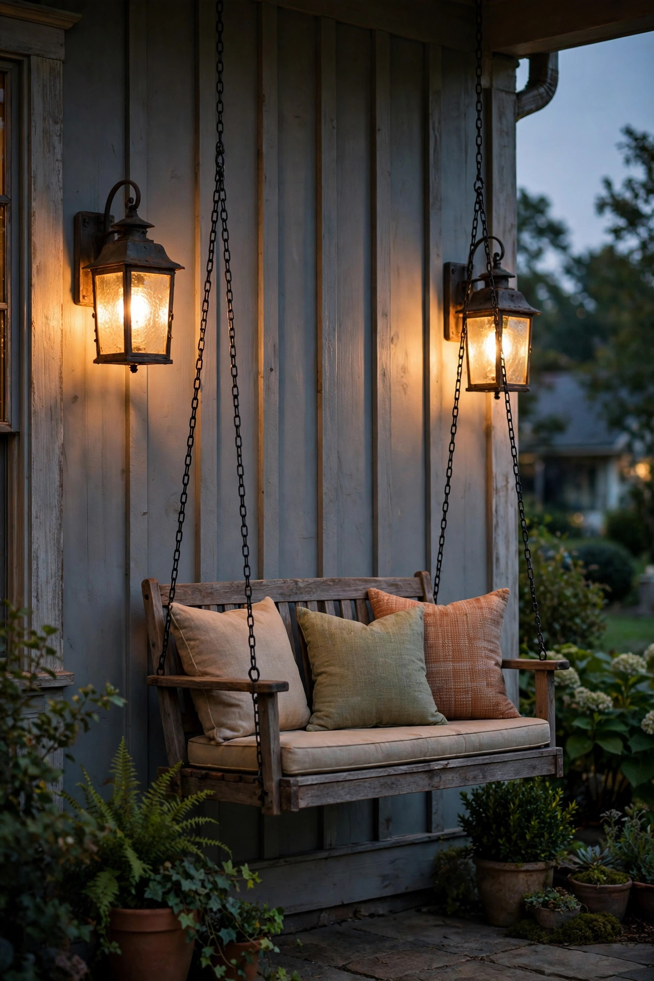 Pair of rustic wall lanterns flanking a porch swing on the house wall with warm seeded-glass glow