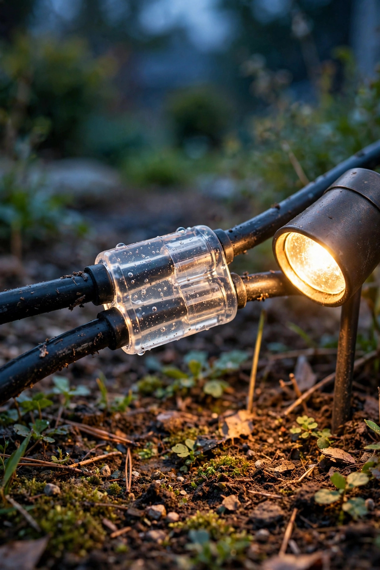Close view of waterproof gel-filled connectors joining low-voltage landscape cable beside a glowing garden spotlight at dusk