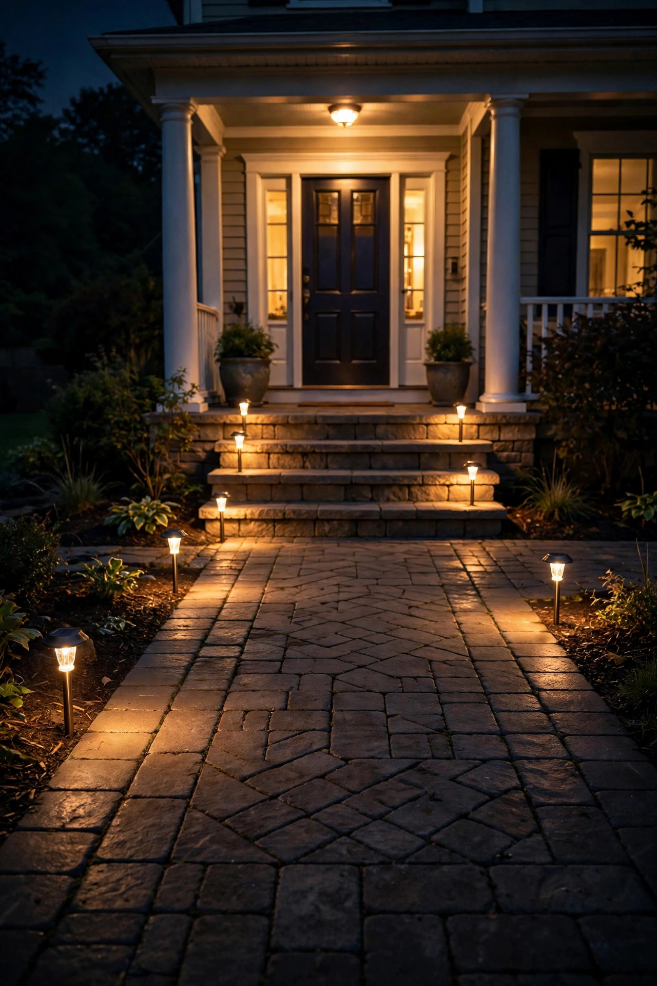Well-lit walkway with solar path lights providing safe footing at night near front steps
