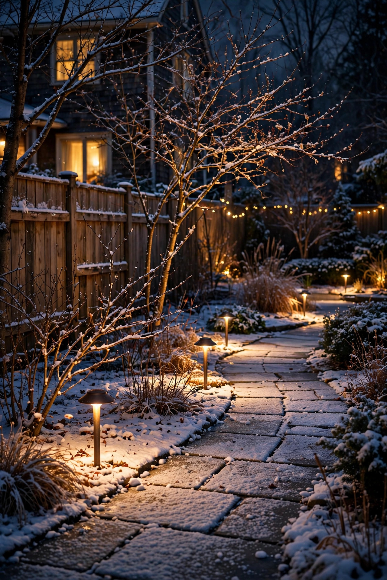 Landscape lighting fixtures glowing in a winter garden with warm light illuminating bare branches and snow