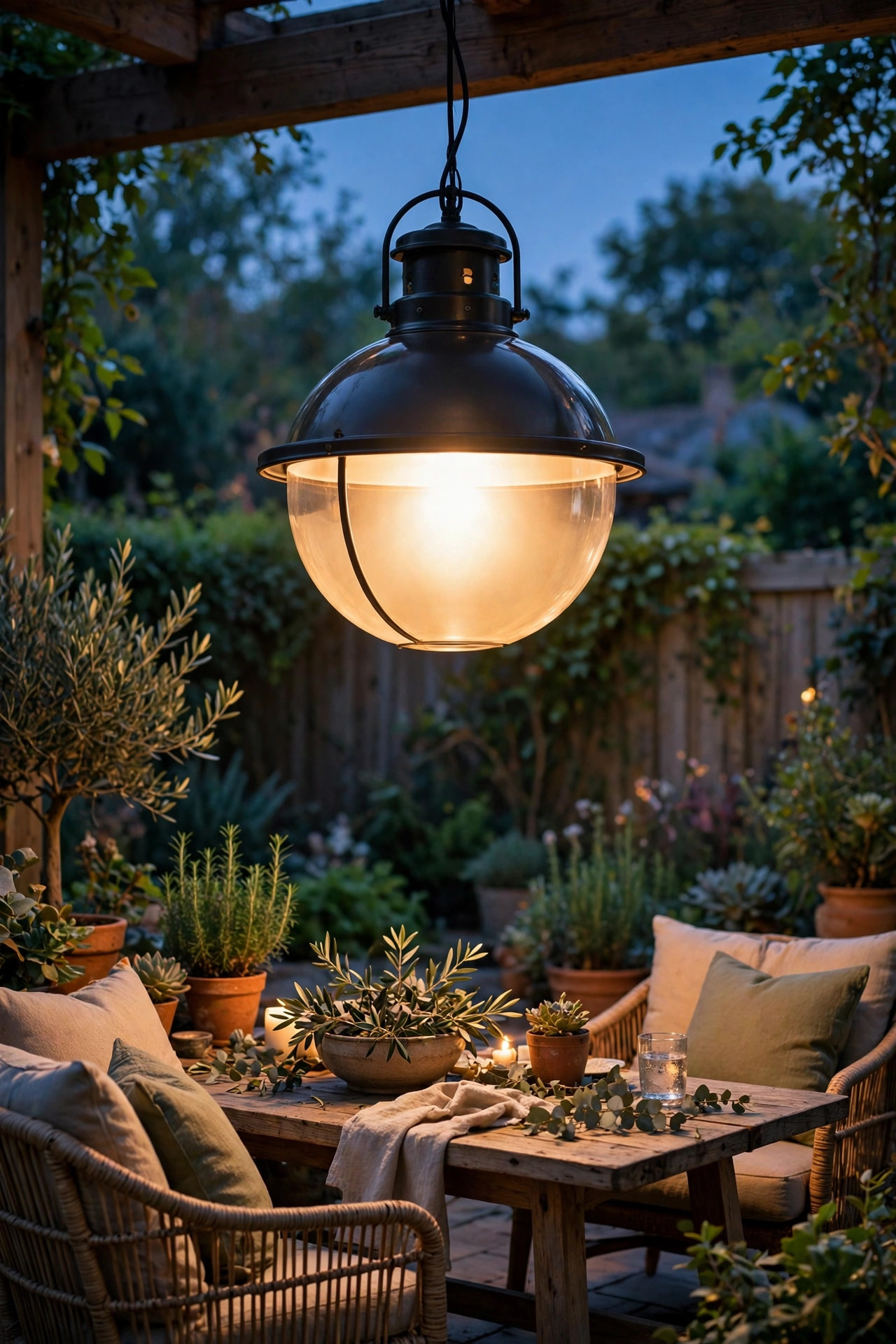 Large warm pendant lantern hanging over backyard seating with a soft glow