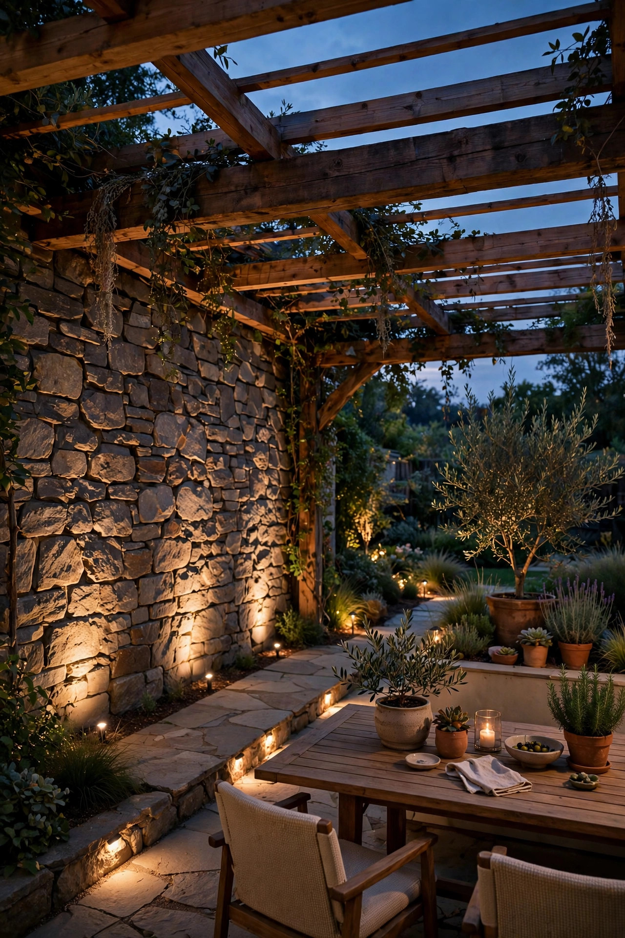 Backyard patio zone at dusk lit by its own low-voltage system, warm spotlights washing a stone wall and pergola