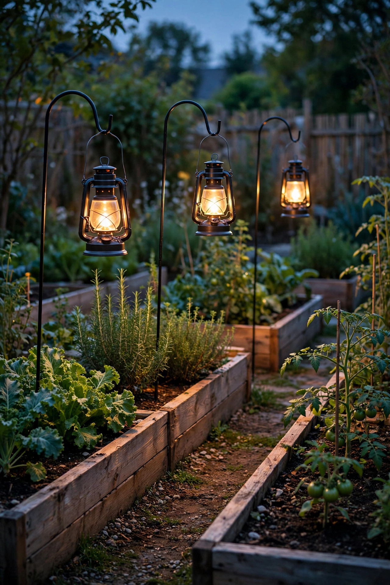 Weatherproof lanterns hanging from shepherd hooks between raised vegetable beds glowing warm at dusk
