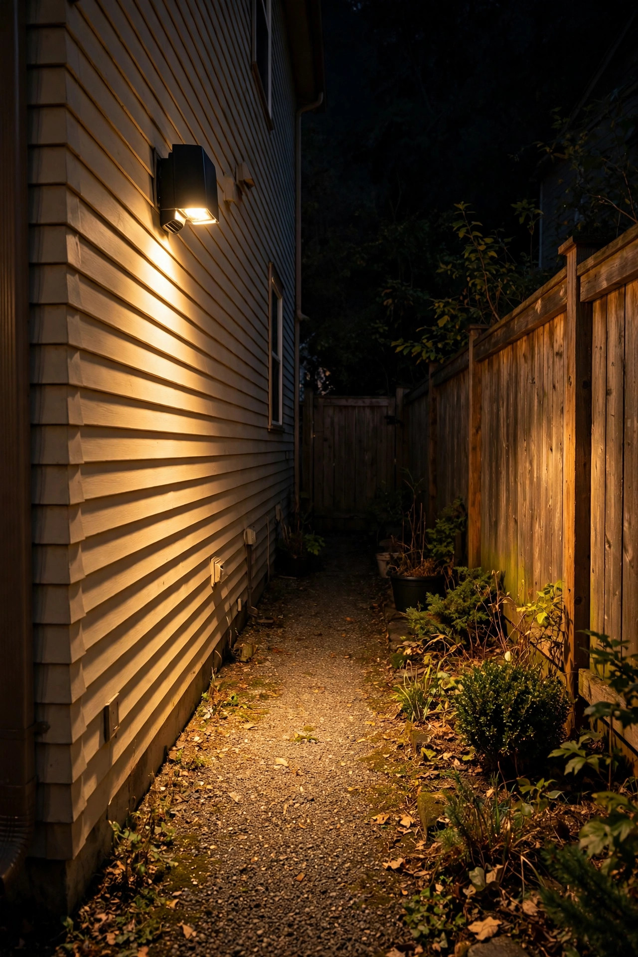 Motion-sensor flood light mounted on a house wall washing a narrow side yard in downward-aimed light