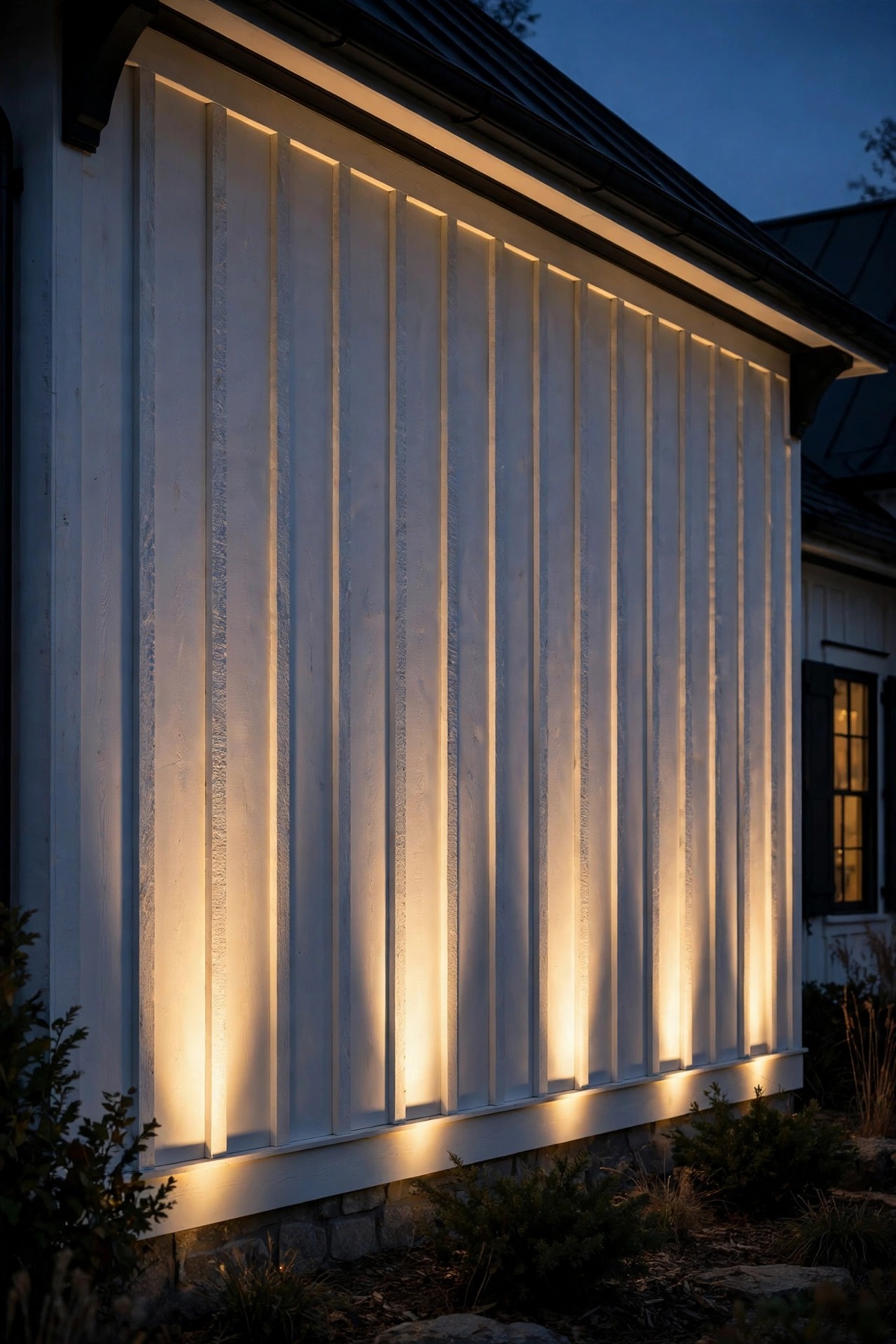 Uplights grazing white board-and-batten farmhouse siding with dramatic soft shadows at night