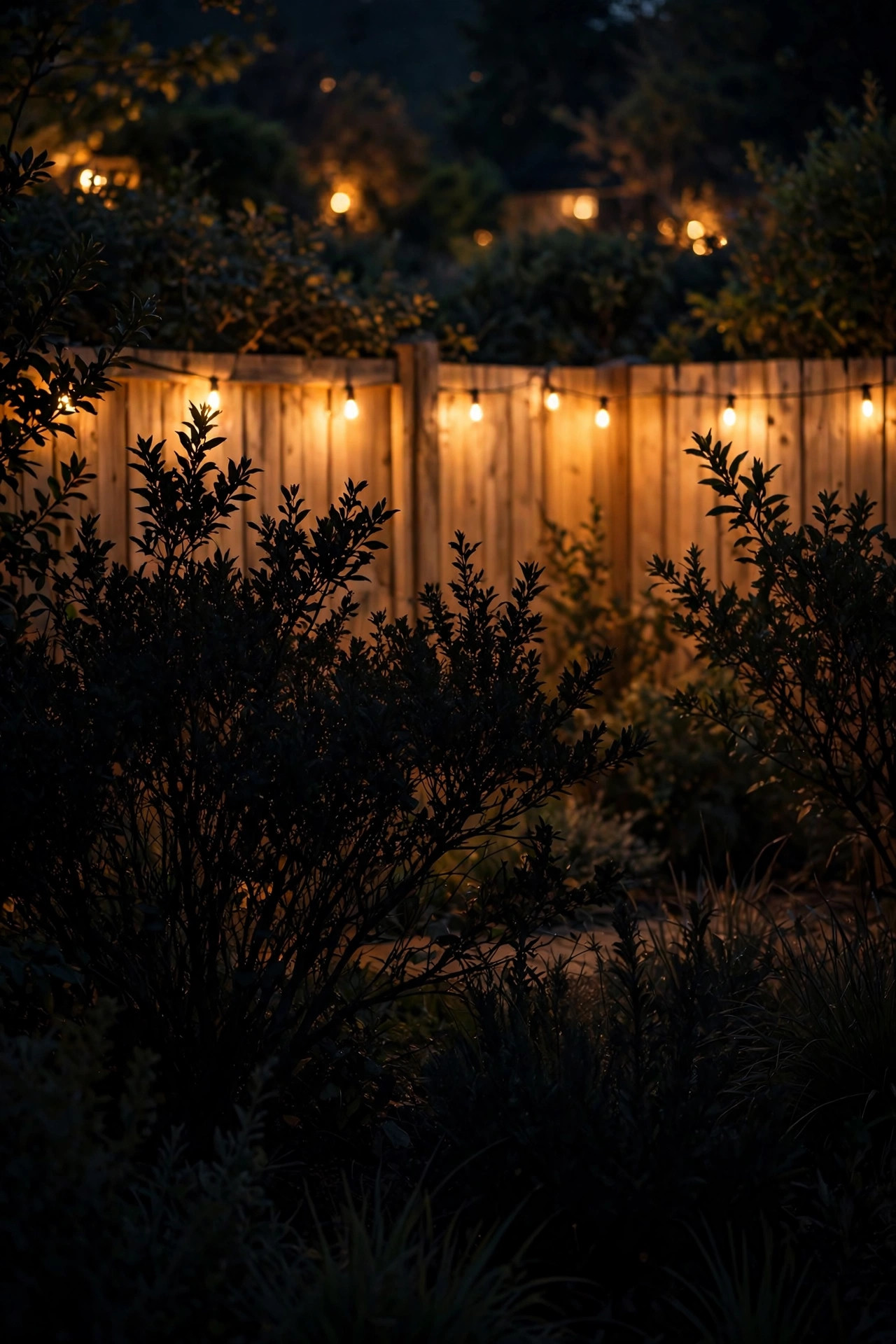 Dark shrub silhouettes against a warmly washed garden fence creating layered depth at night