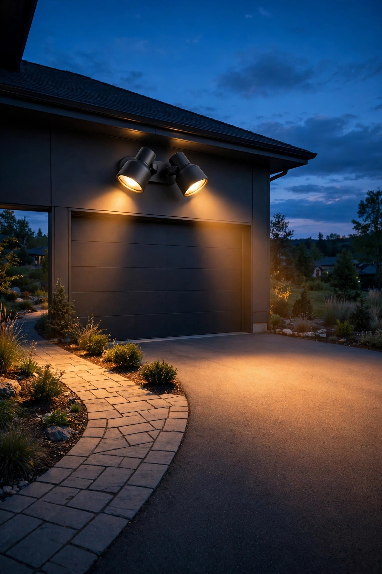 sleek matte black dual-head smart flood light above a garage with one head washing the driveway wide and the other tracing the walkway, warm dusk light
