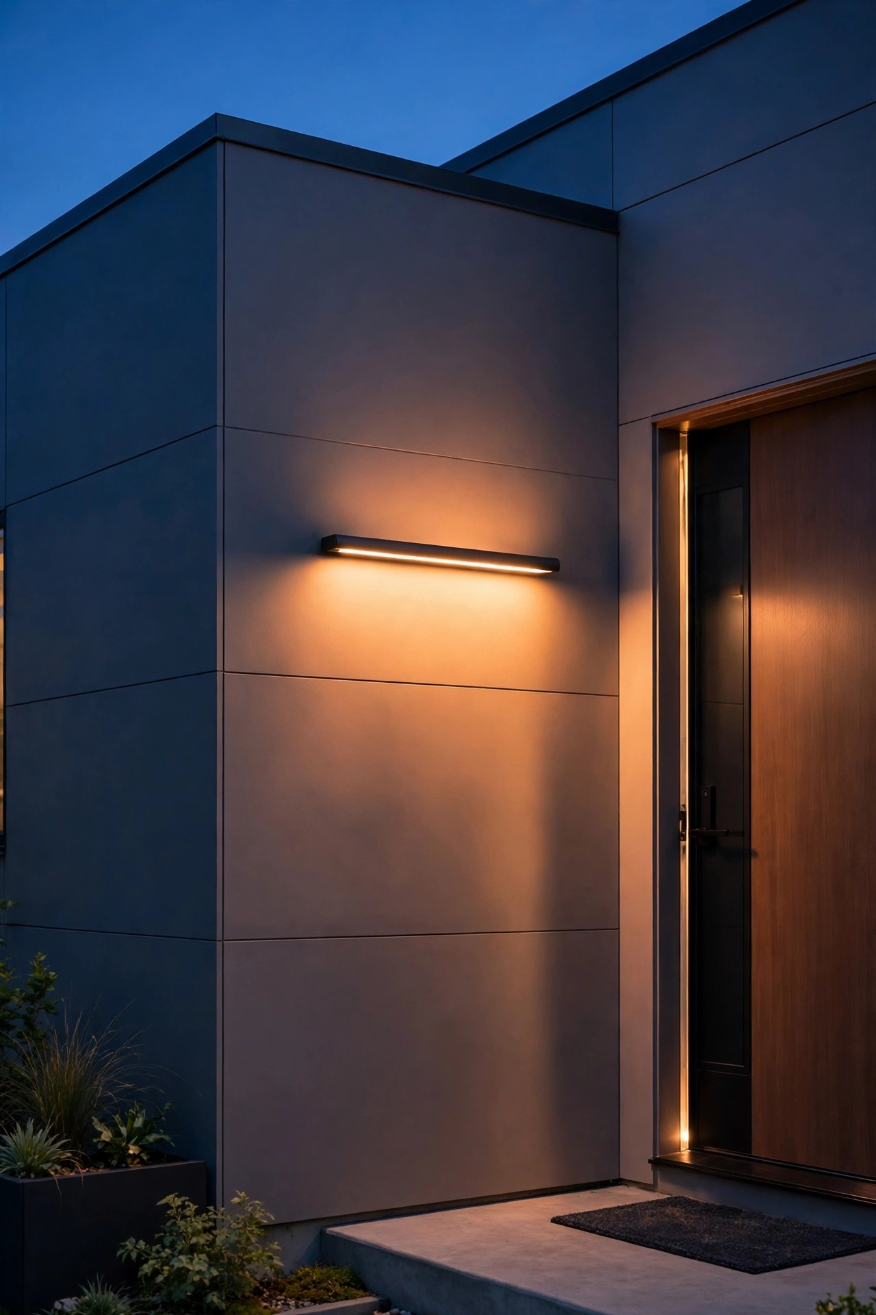 Slim modern solar bar light washing warm light across smooth contemporary siding beside an entry door at dusk