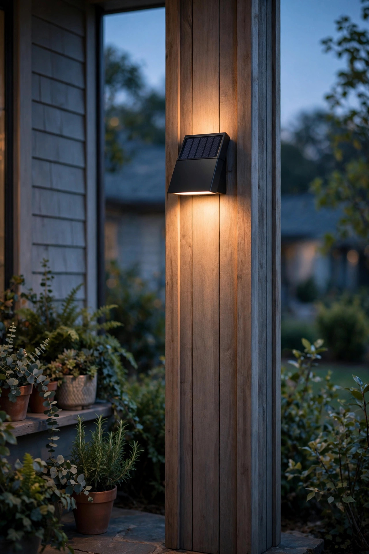 Slim solar wall sconce mounted on a narrow porch column casting soft warm light