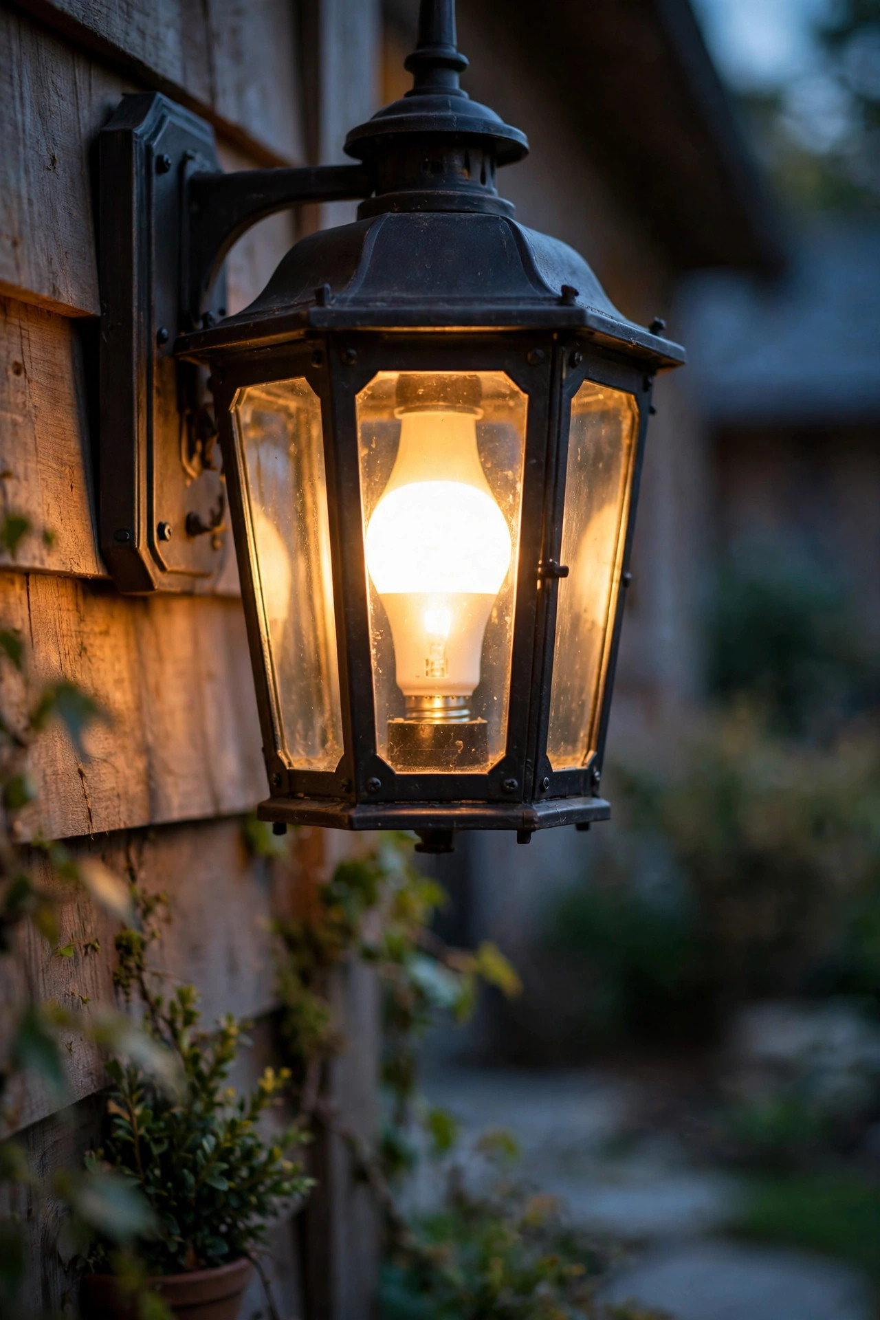 Smart bulb glowing warm inside a traditional porch lantern on an automatic evening schedule