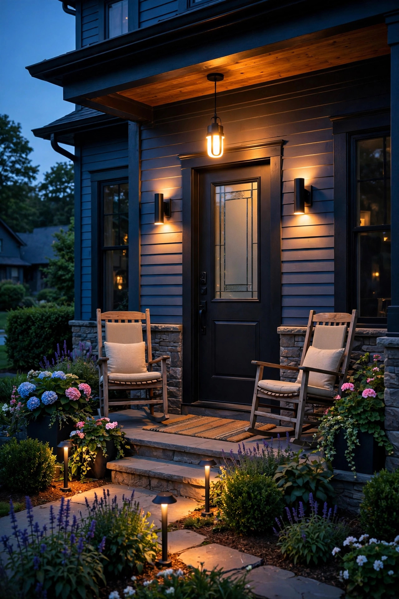 Front porch lit by smart bulbs glowing warmly at dusk with phone app control