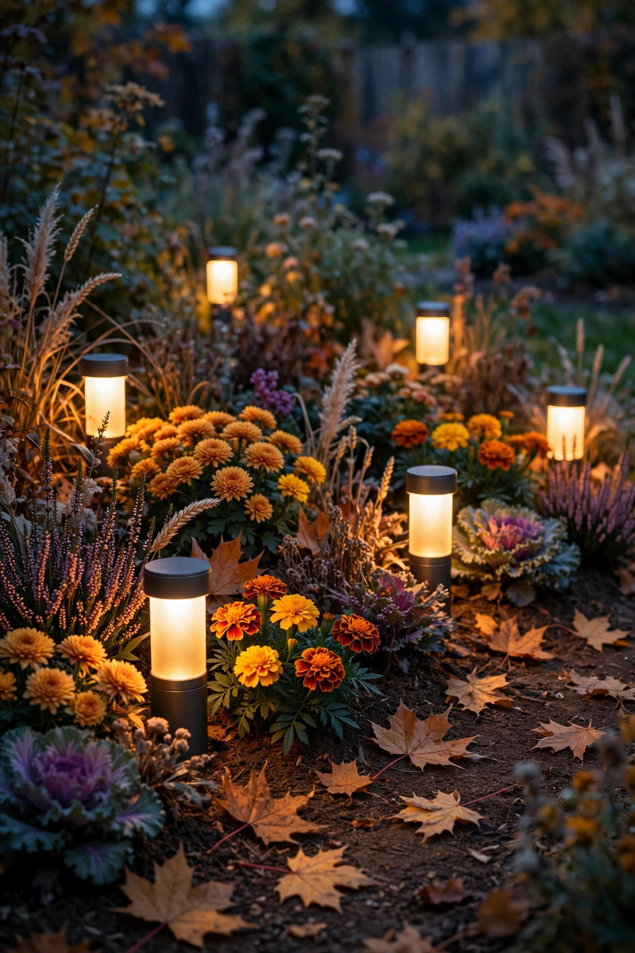 Smart color tunable lights glowing in warm amber tones among autumn flowers in a garden bed