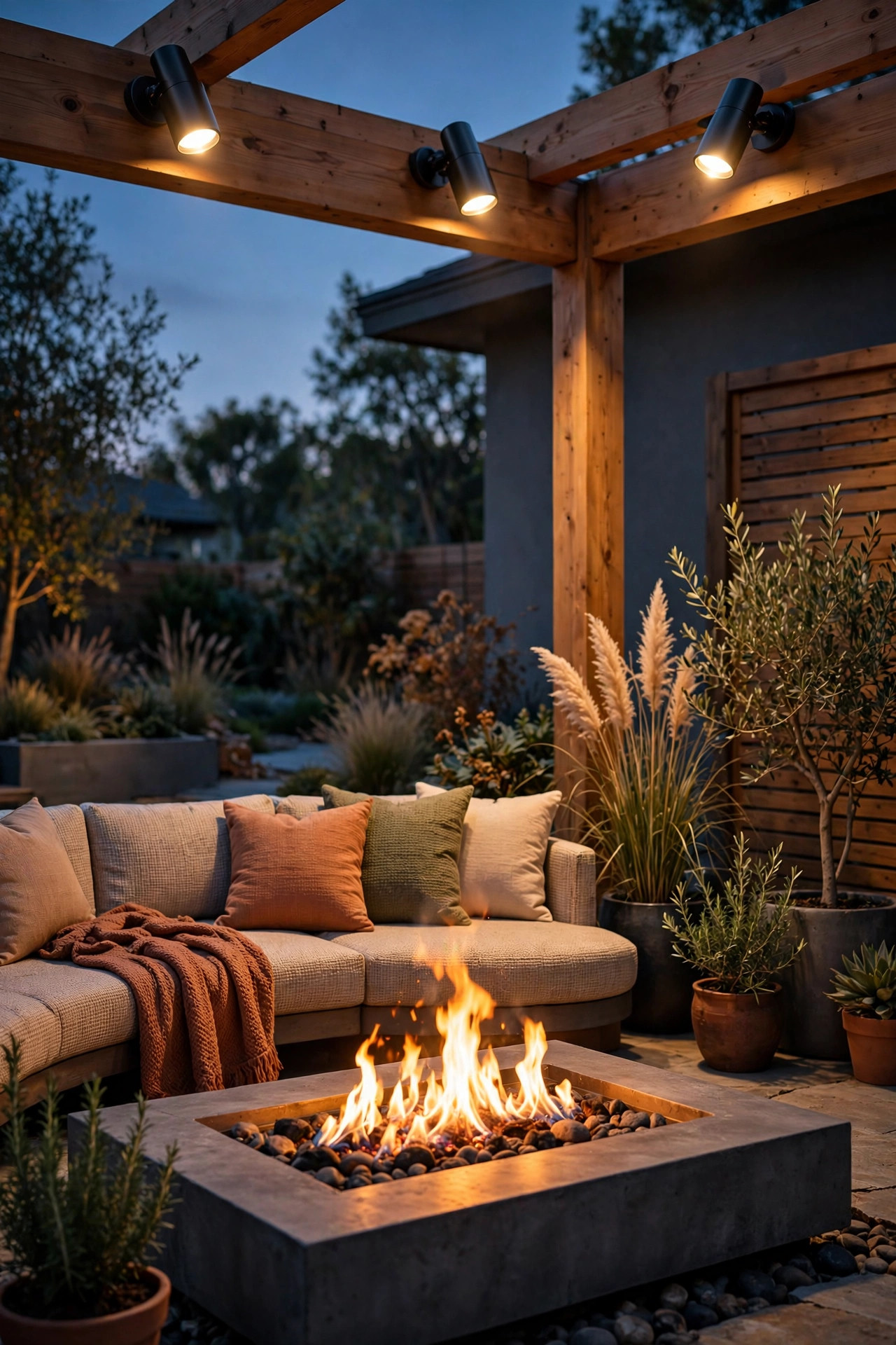 Smart spotlights casting adjustable warm light over a gas fire pit lounge area