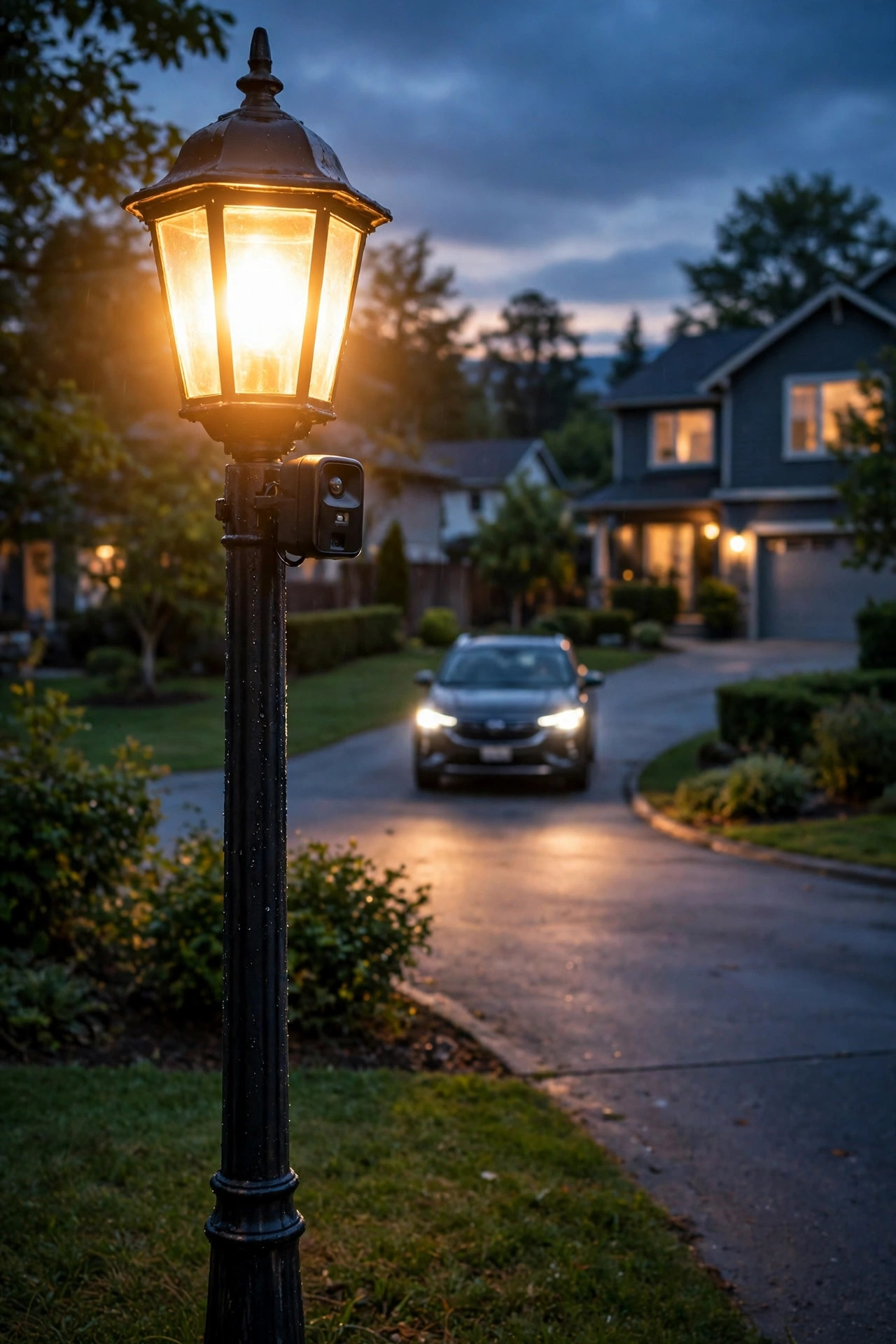 Lamp post glowing brighter as a car approaches a driveway at dusk, motion sensor in the lantern