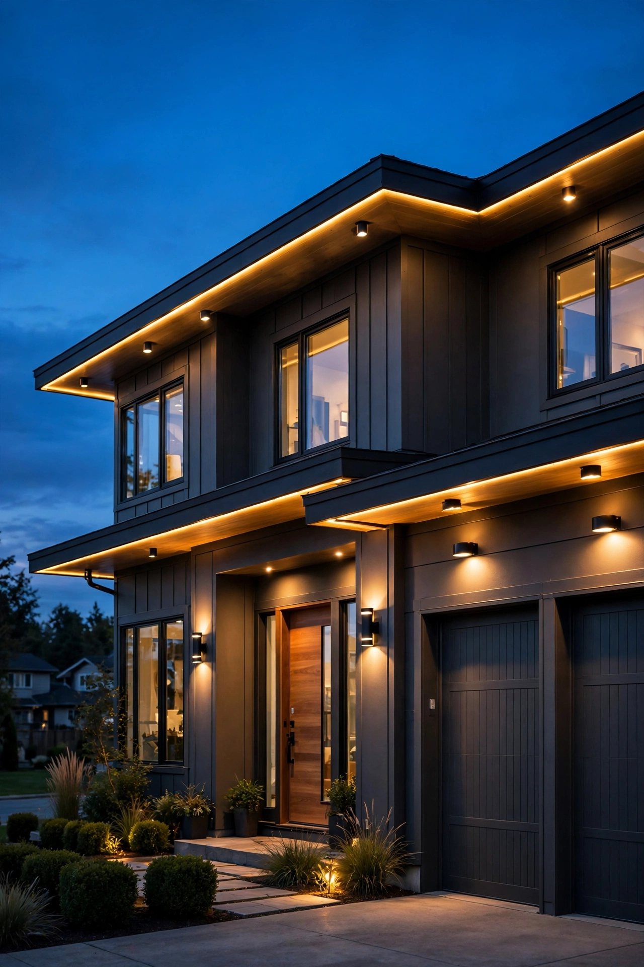 Smartphone app controlling smart outdoor security lights on a suburban home at dusk