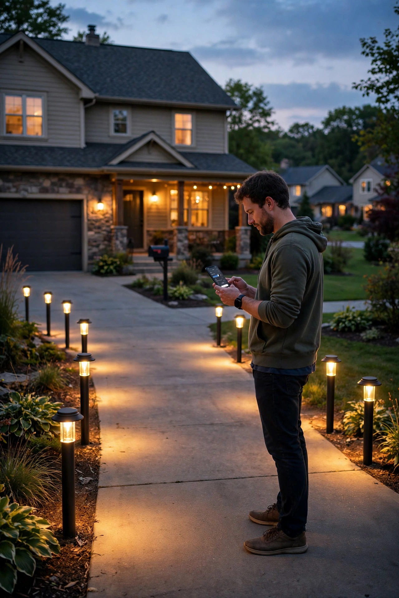 Smart driveway bollard lights glowing warm as a homeowner controls them from a phone at dusk