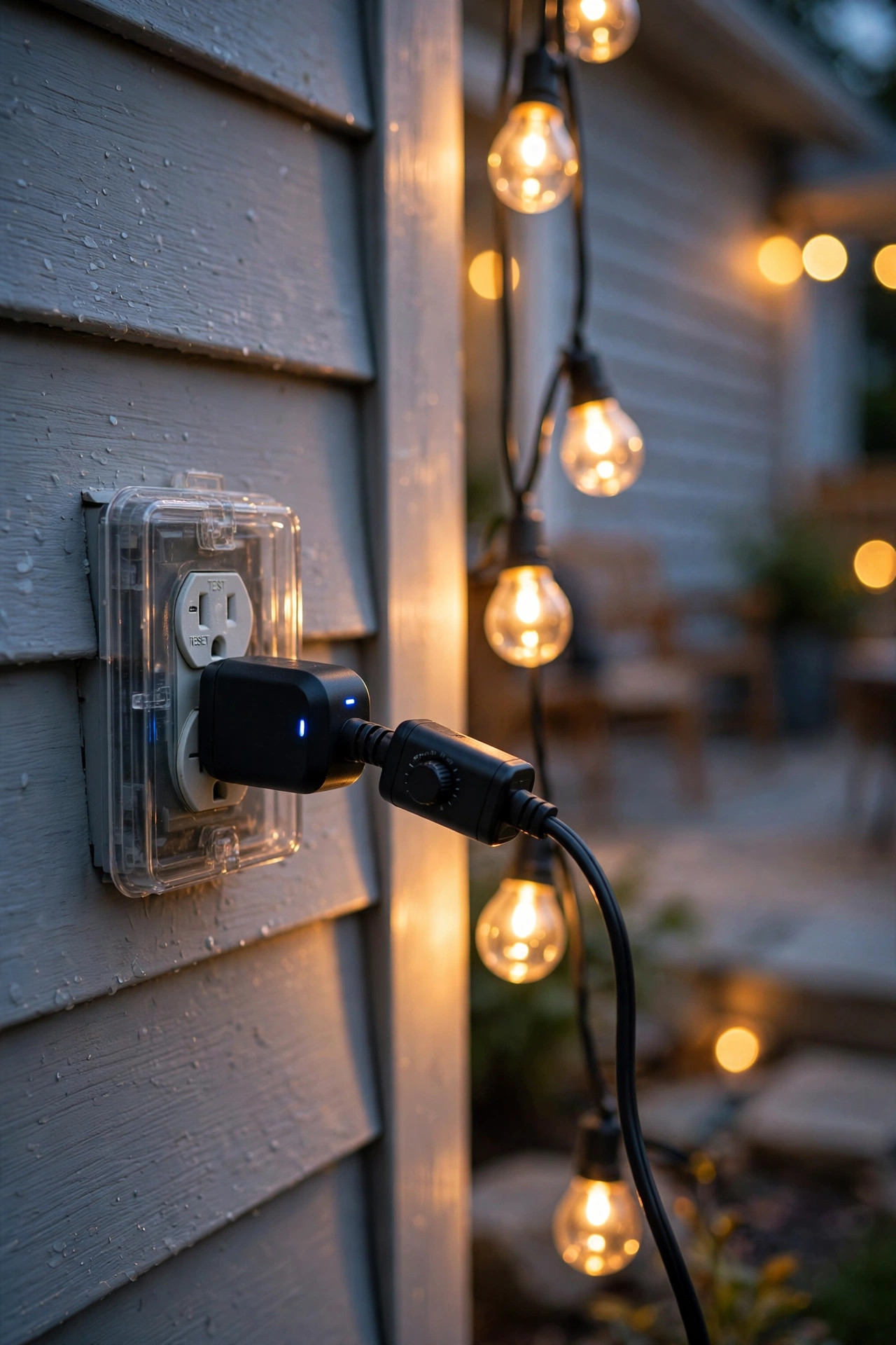 Outdoor smart plug with timer connected to string lights plugged into a GFCI outlet on a house exterior