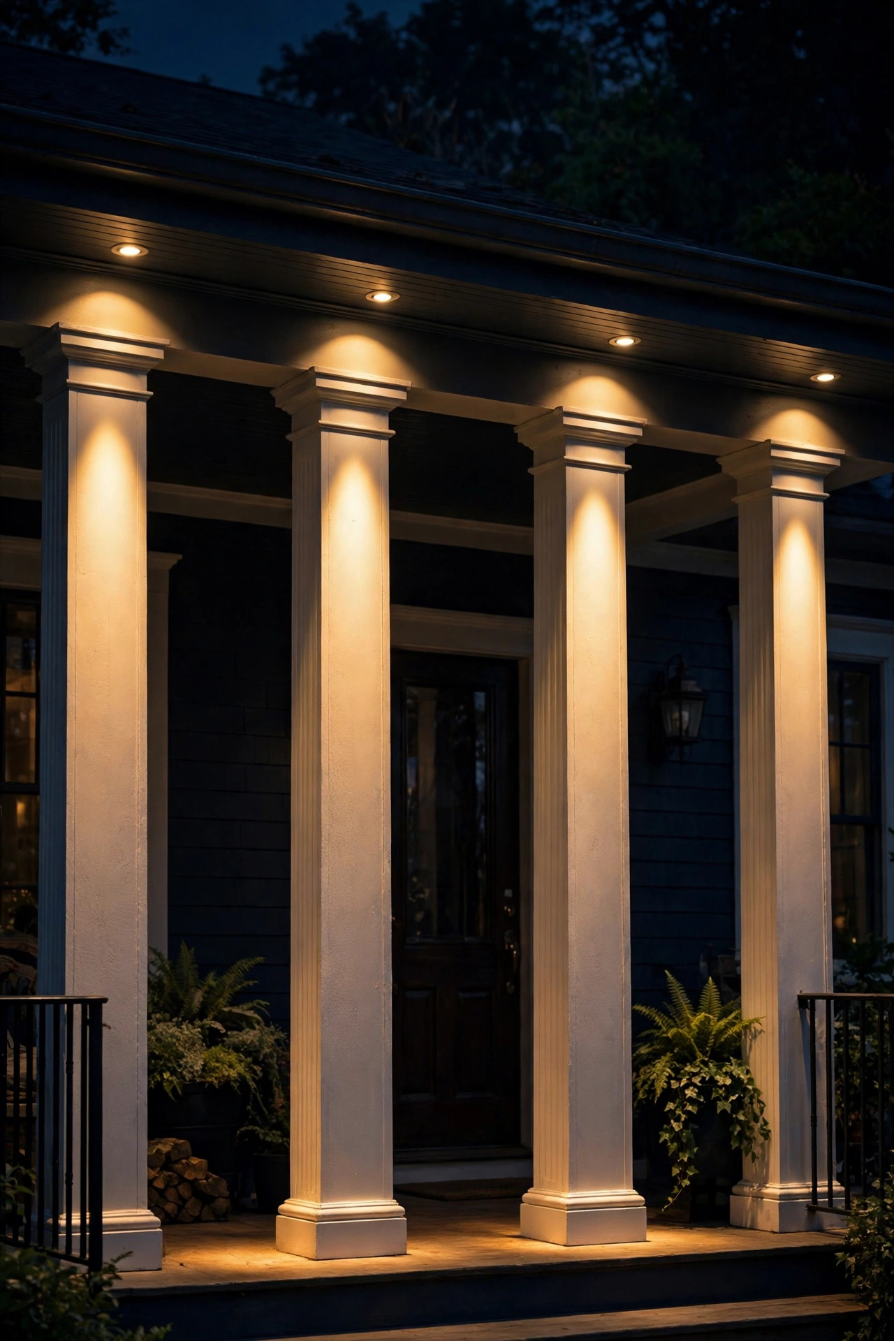 Recessed soffit downlights above porch columns casting warm cones of light down each column