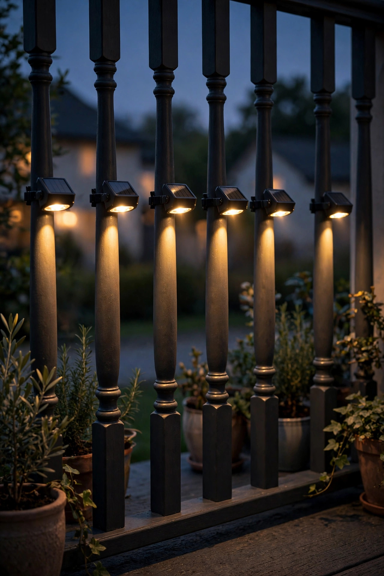 Small solar baluster lights clipped to individual balcony spindles casting neat downward beams at night