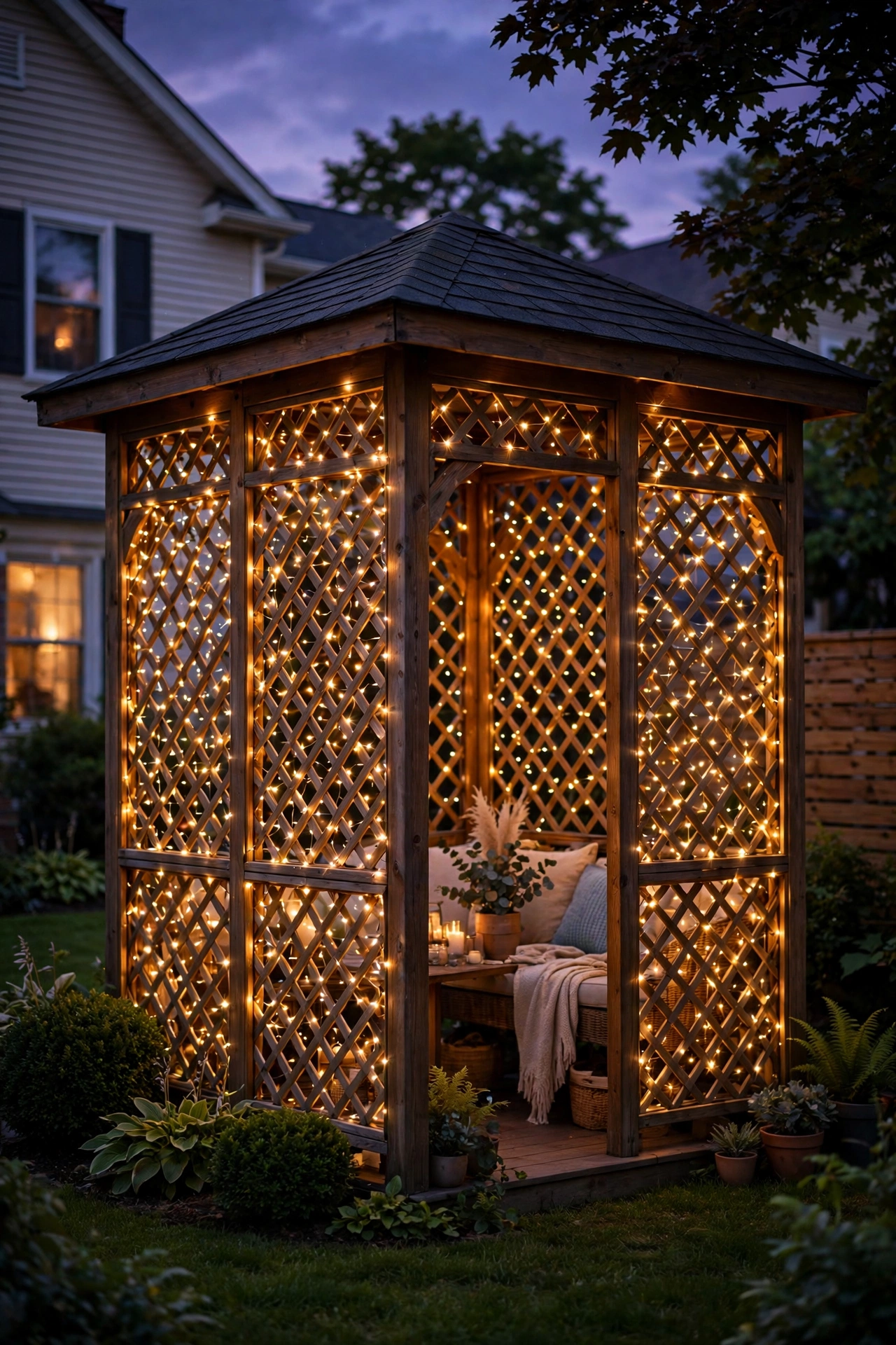 Solar fairy lights wrapped around gazebo posts glowing warmly with no wiring needed