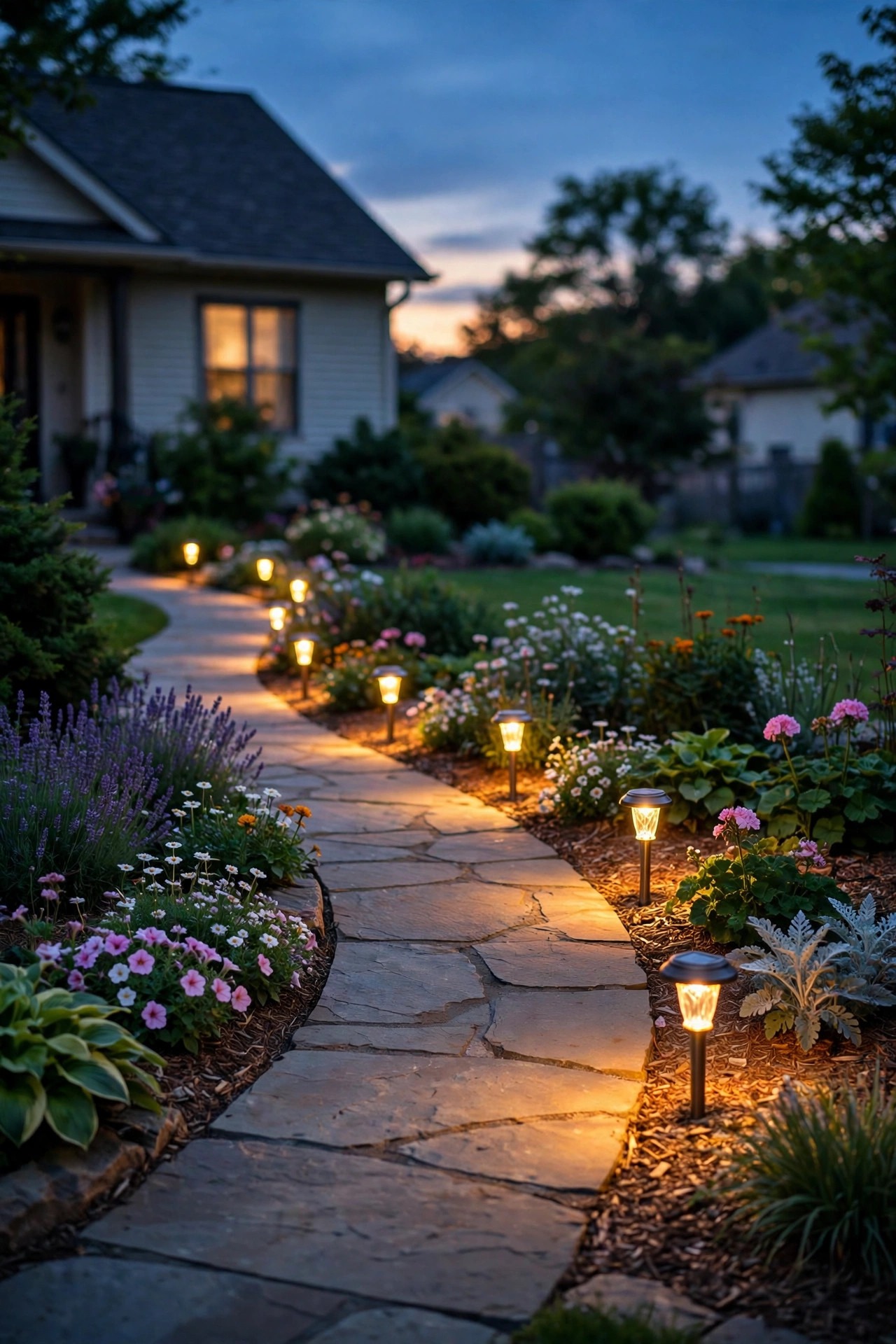 Photorealistic warm dusk view of solar path lights glowing along a curved garden walk beside flower beds in a suburban front yard