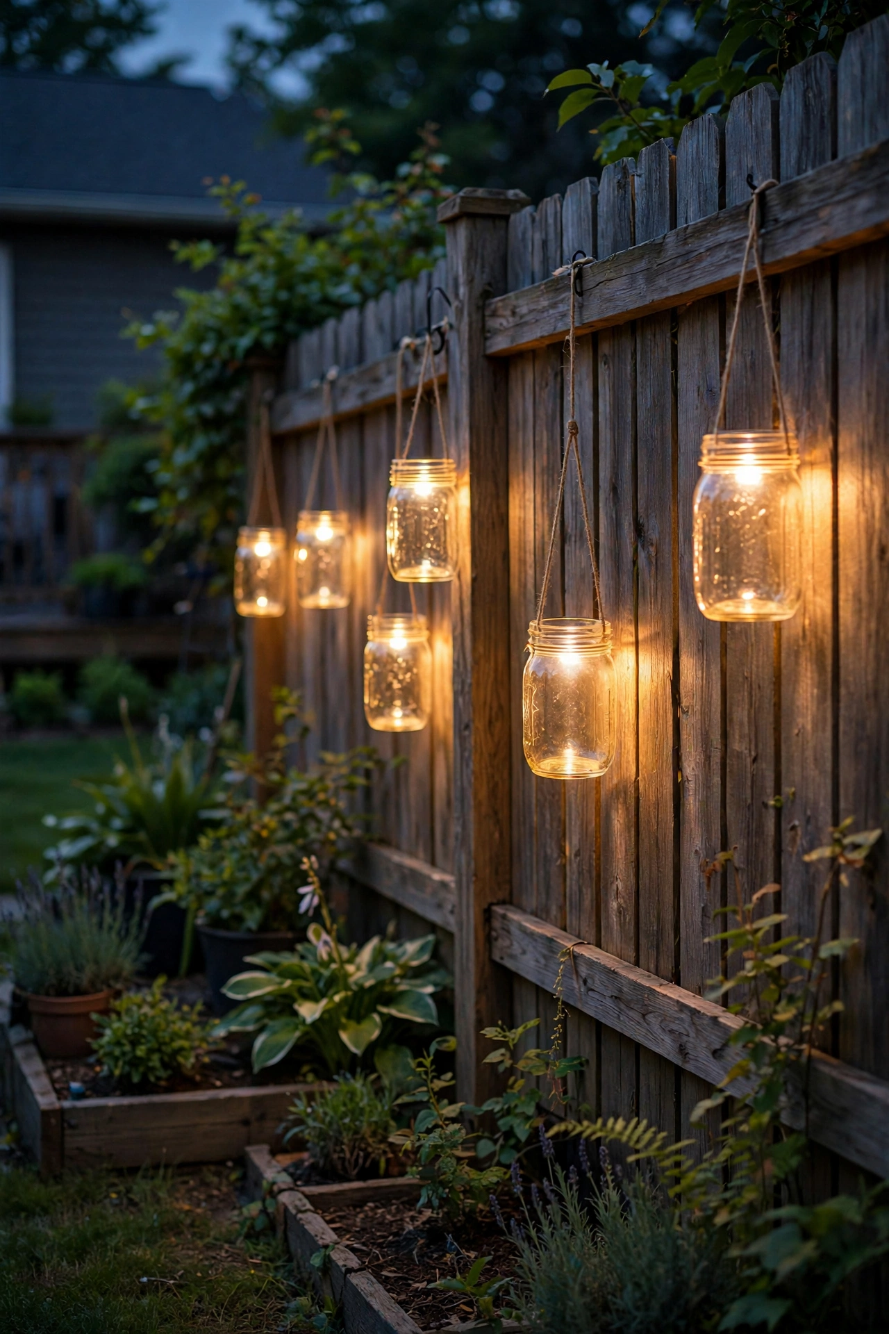 Solar hanging jar lights glowing on a wooden fence at night