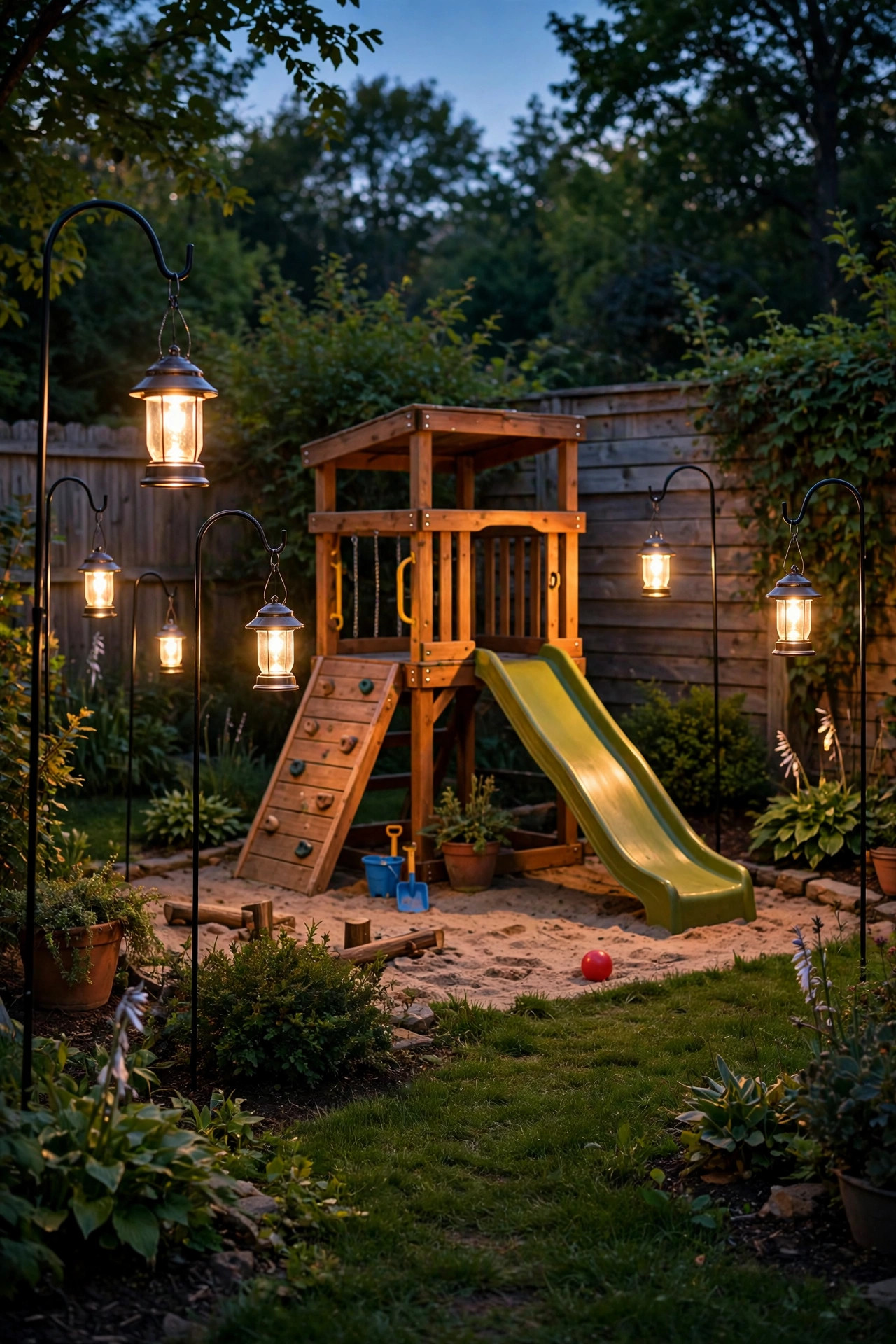 Solar lanterns hanging from shepherd's hooks around a backyard play area at dusk